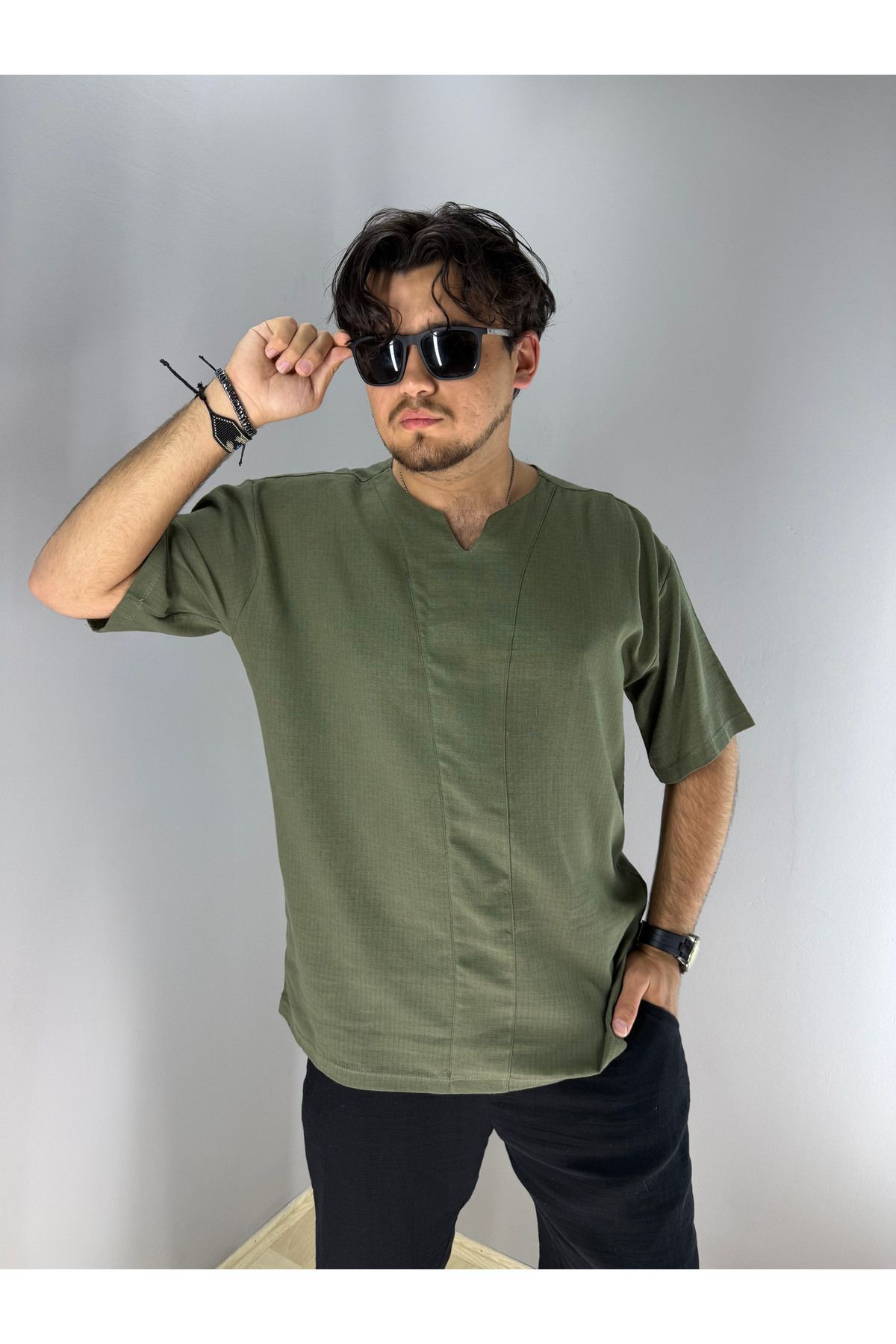 Armut Yaka Keten T-Shirt (Yeşil)