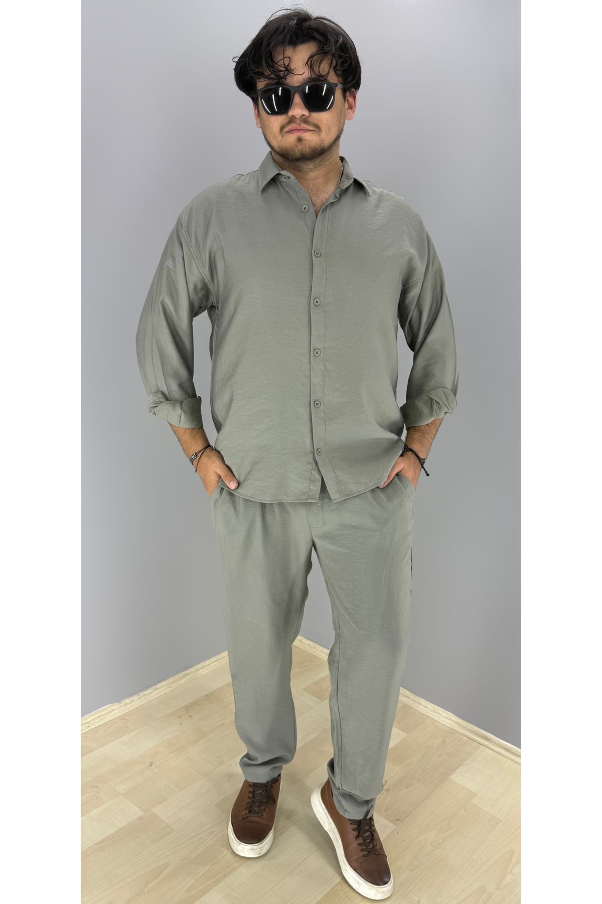 Modal Kumaş Gömlek ve Pantolon Takım Konsept (Haki)