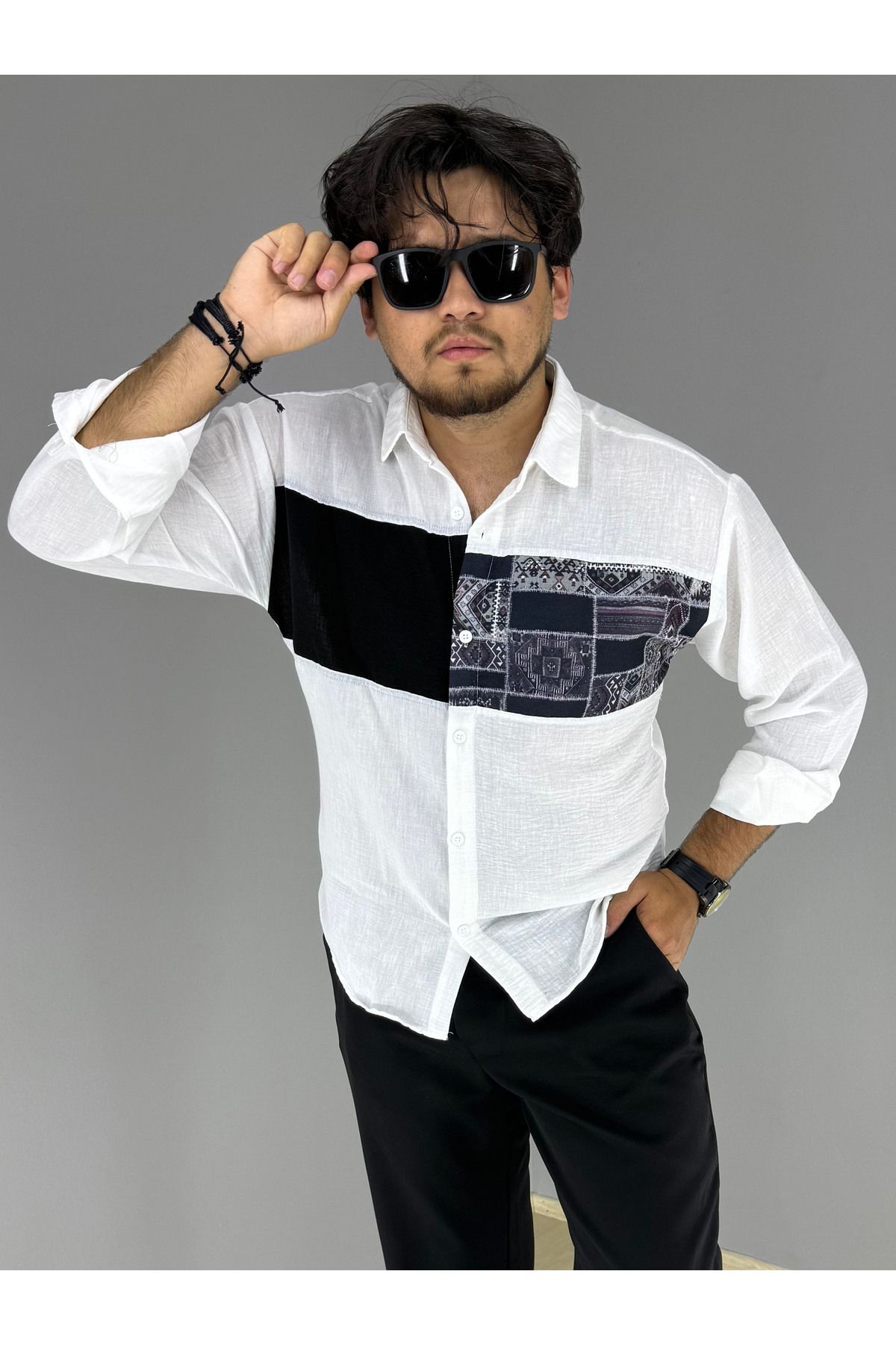 Oversize Garni Siyah Kilim Detaylı Bohem Pamuk Keten Gömlek (Beyaz)