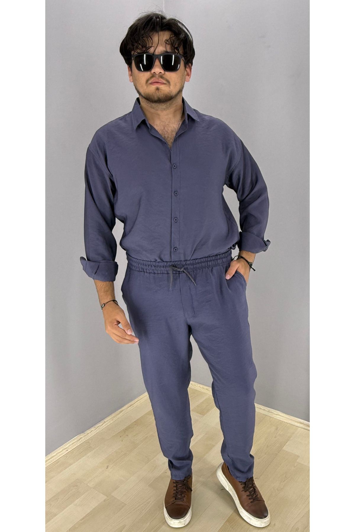 Modal Kumaş Gömlek ve Pantolon Takım Konsept (Mavi)