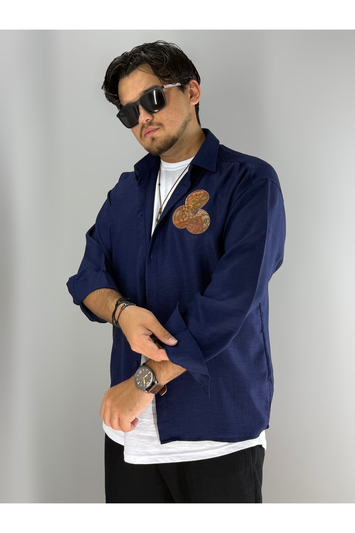 Disket Etnik Nakış Detaylı Oversize Gömlek(Lacivert)
