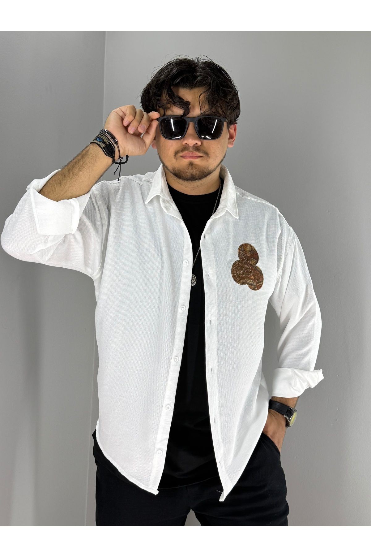 Disket Etnik Nakış Detaylı Oversize Gömlek(Beyaz)