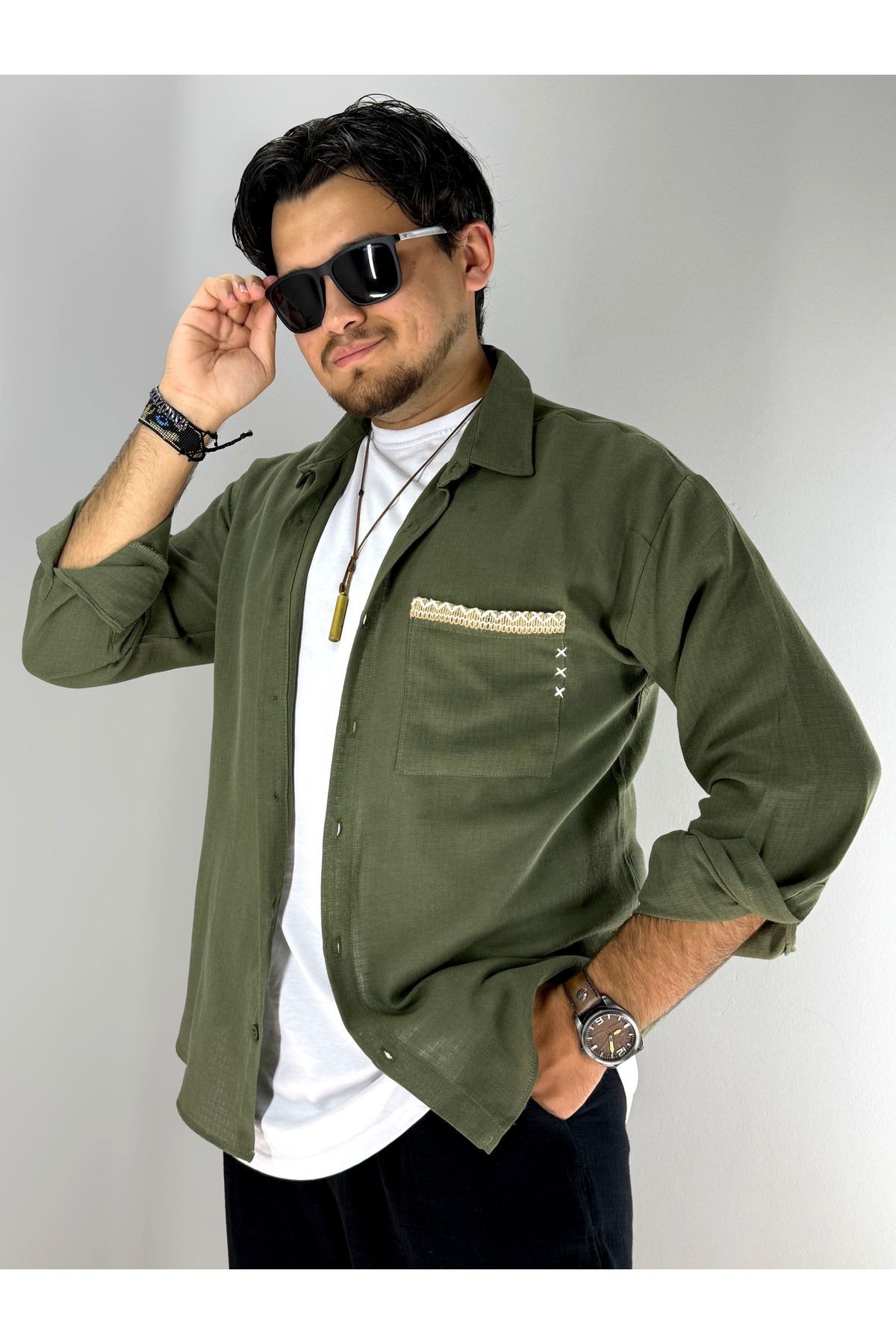 Hasır Şerit Cep Detaylı Oversize Gömlek(Haki)
