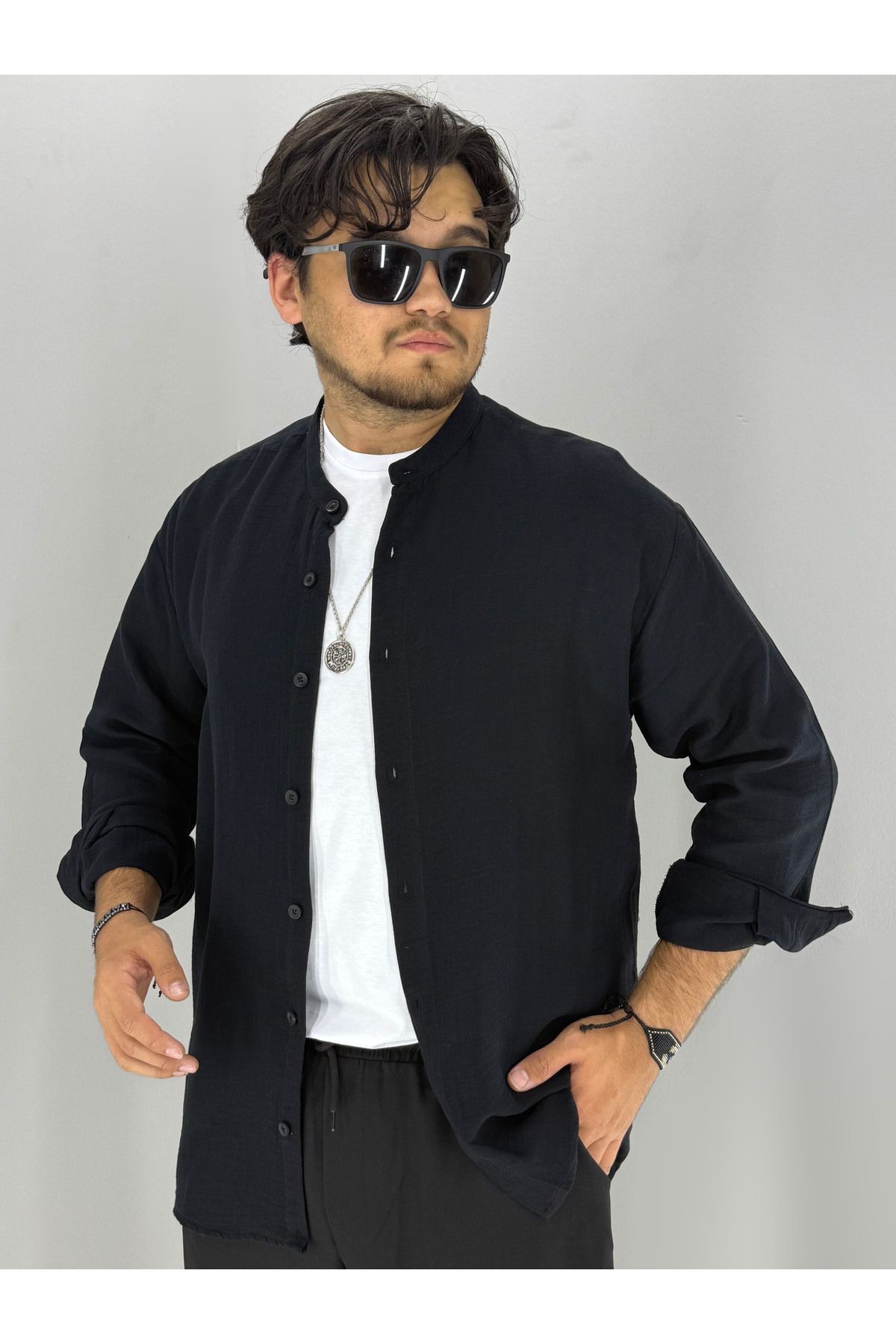 Müslim Kumaş rahat oversize Hakim Yaka Gömlek (Siyah)