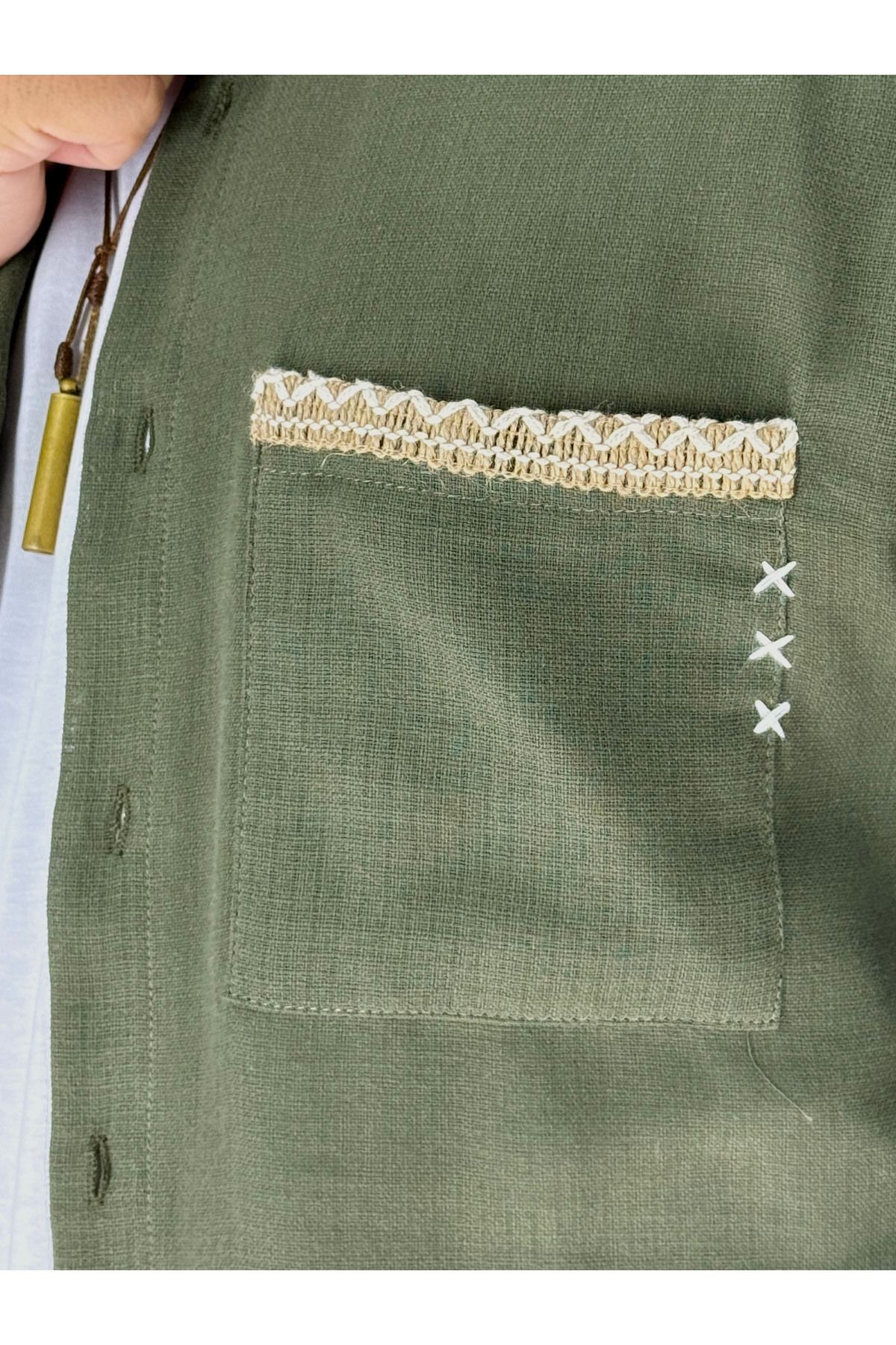 Hasır Şerit Cep Detaylı Oversize Gömlek(Haki)