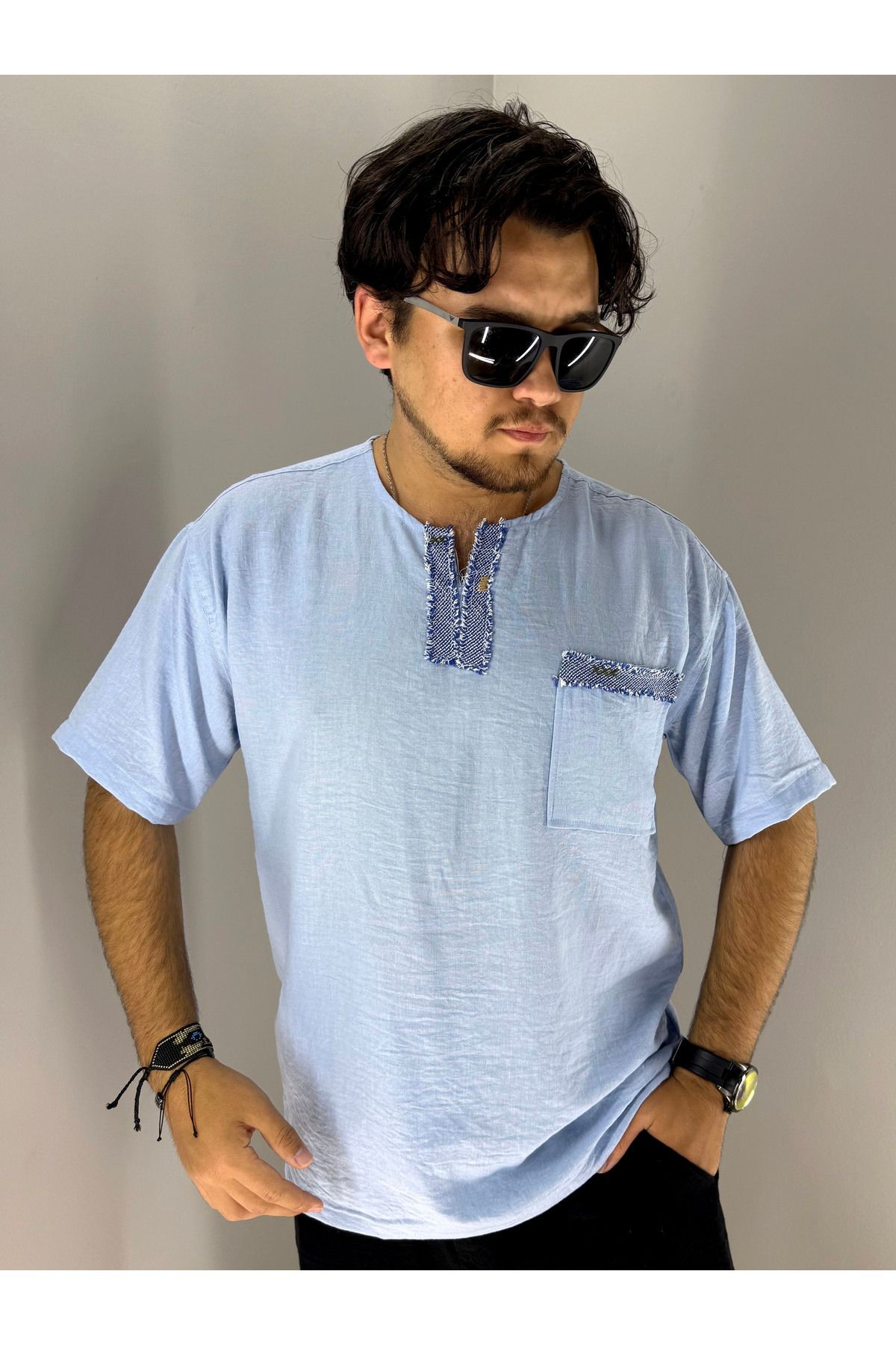 El Işi Yaka Ve Cep Pis Dikiş Oversize T-shirt (MAVİ)
