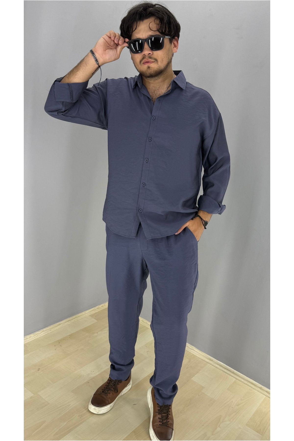 Modal Kumaş Gömlek ve Pantolon Takım Konsept (Mavi)