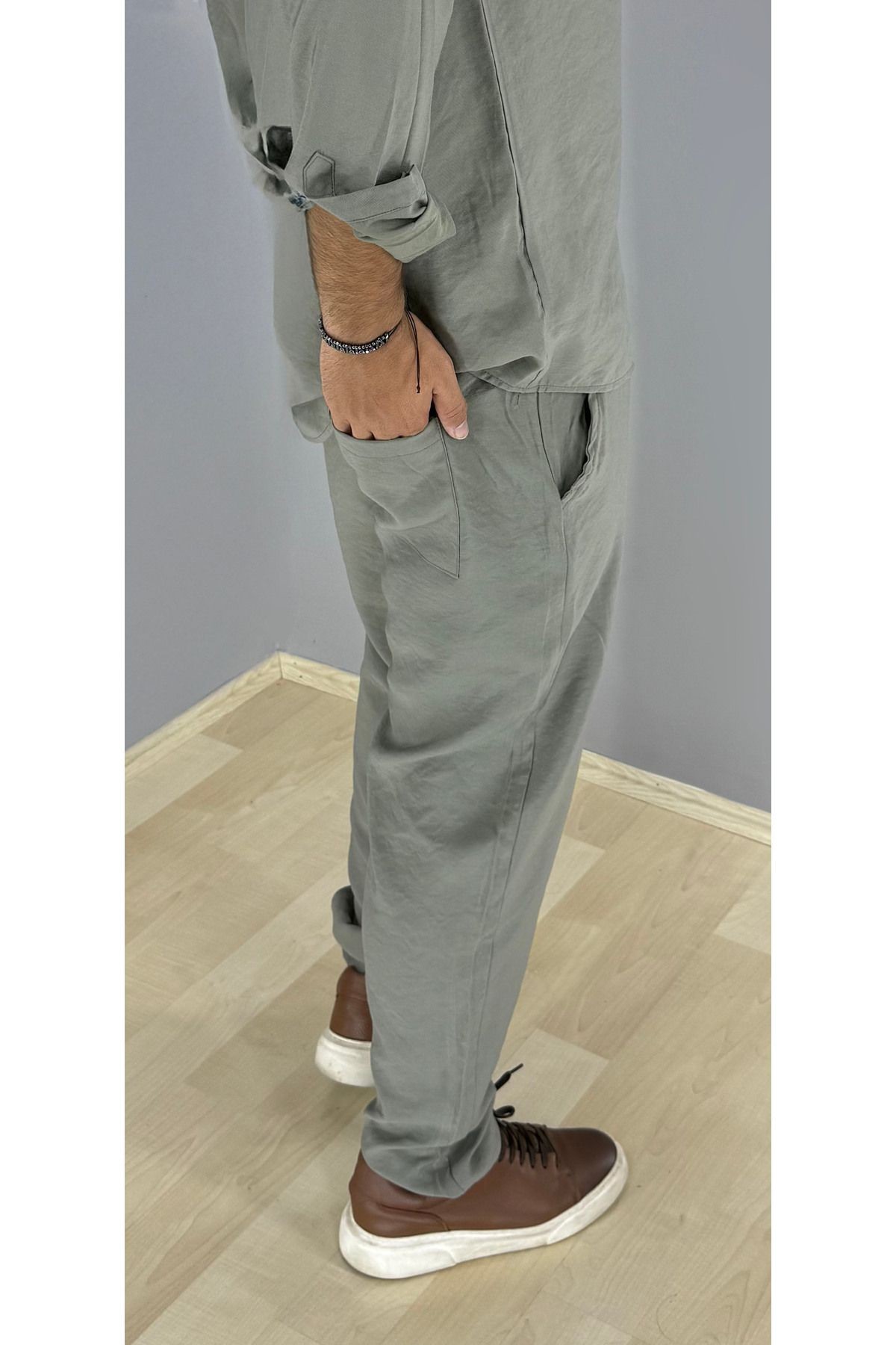 Modal Kumaş Gömlek ve Pantolon Takım Konsept (Haki)