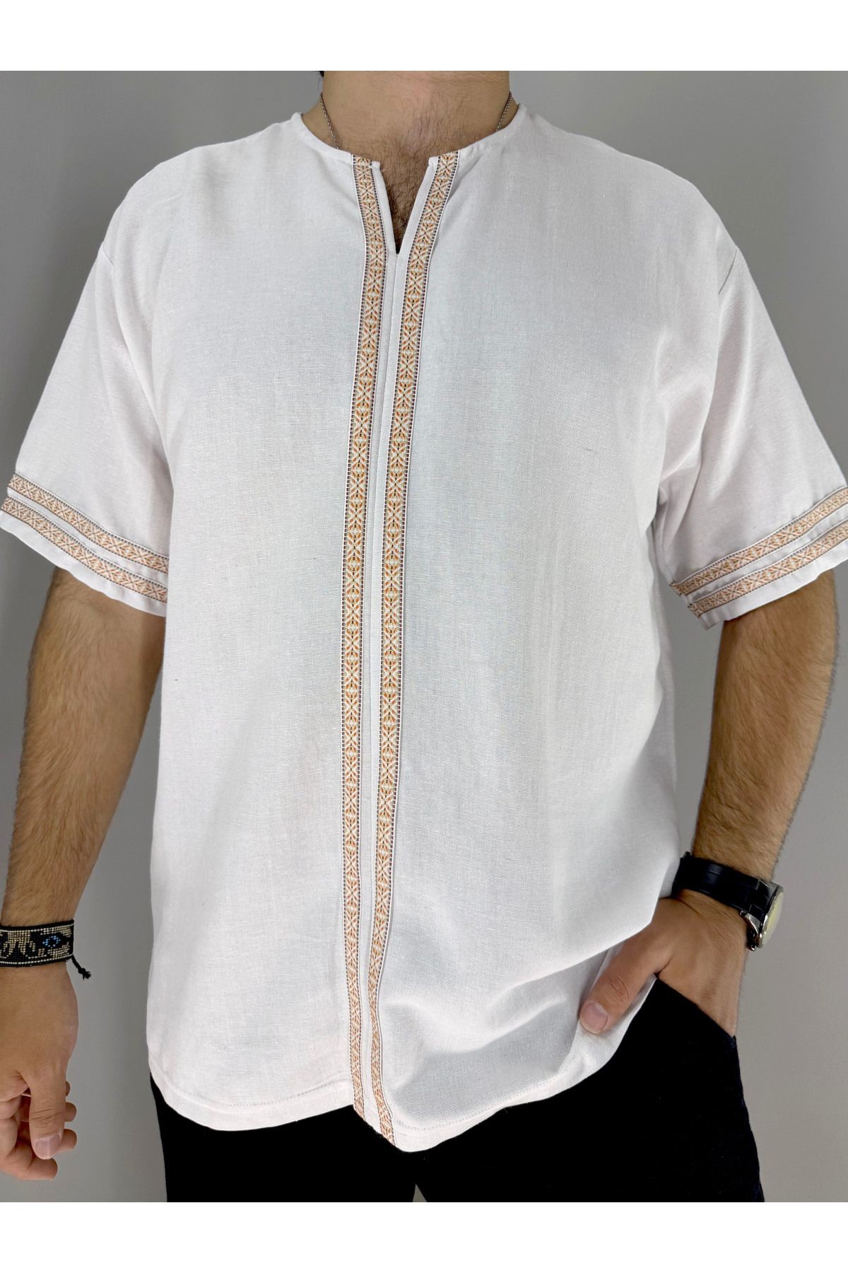 Armut Yaka Pat ve Kol Etnik Detaylı Keten T-Shirt (Beyaz)