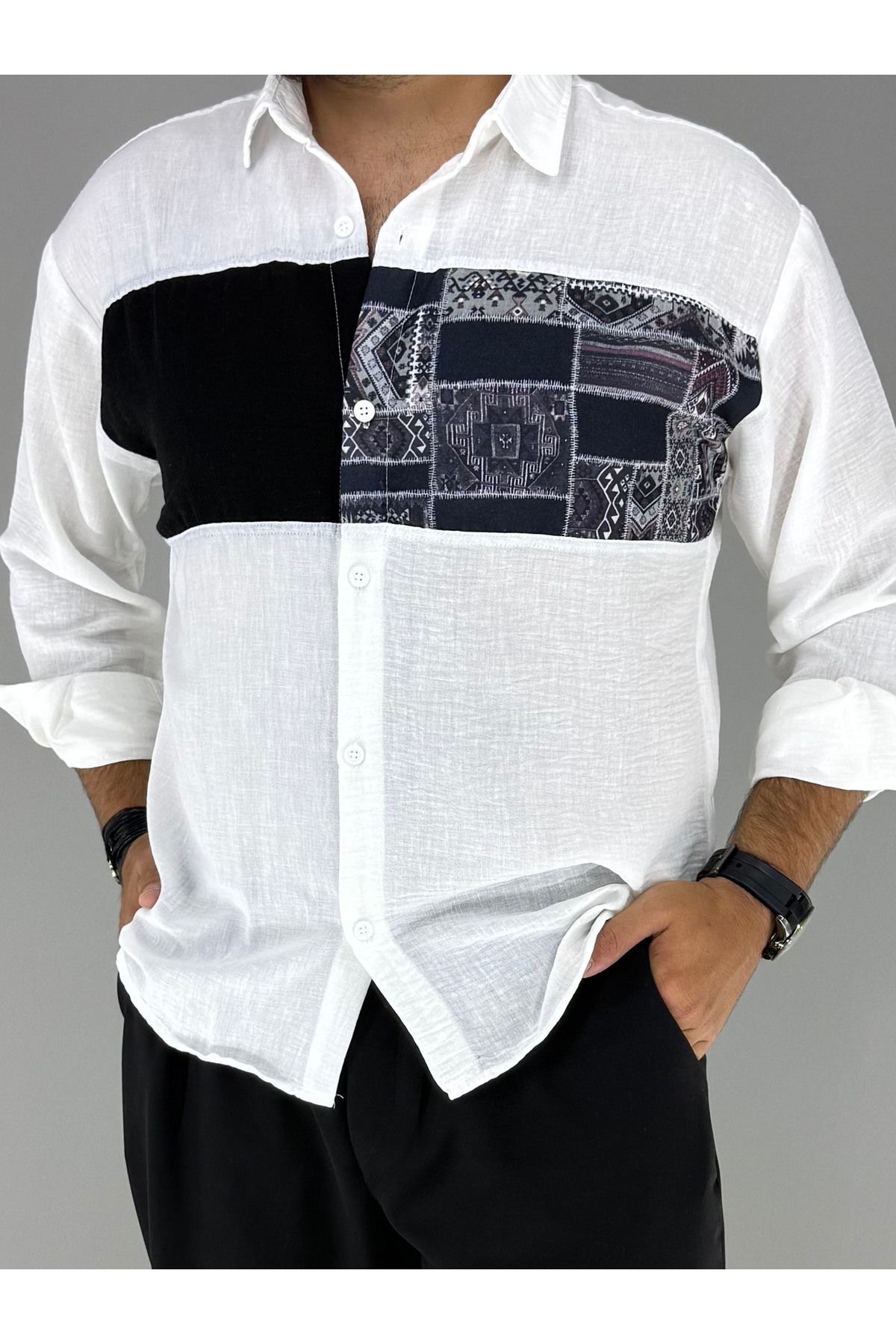 Oversize Garni Siyah Kilim Detaylı Bohem Pamuk Keten Gömlek (Beyaz)