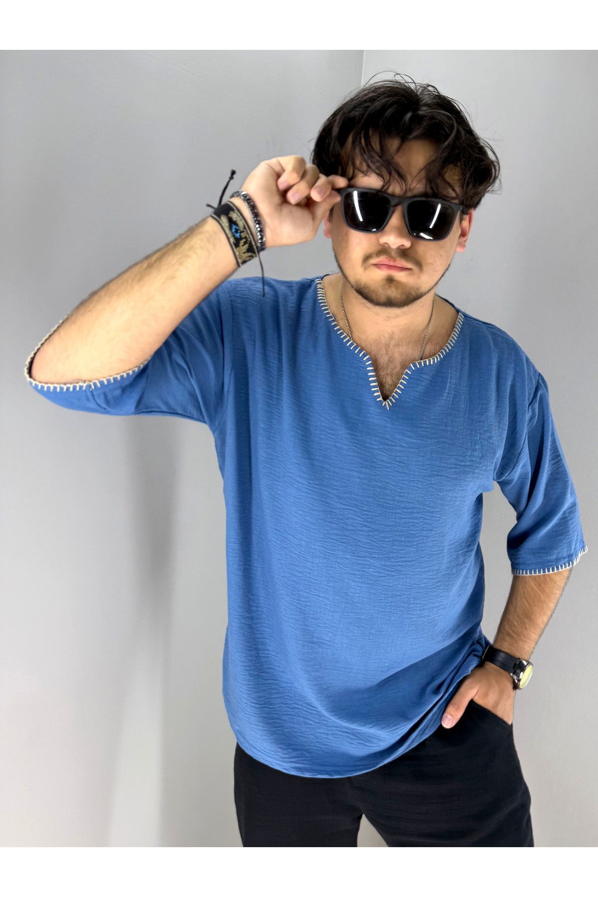 El İşi Kroşata Armut Yaka ve Kol Detaylı Oversize T-Shirt (Mavi)