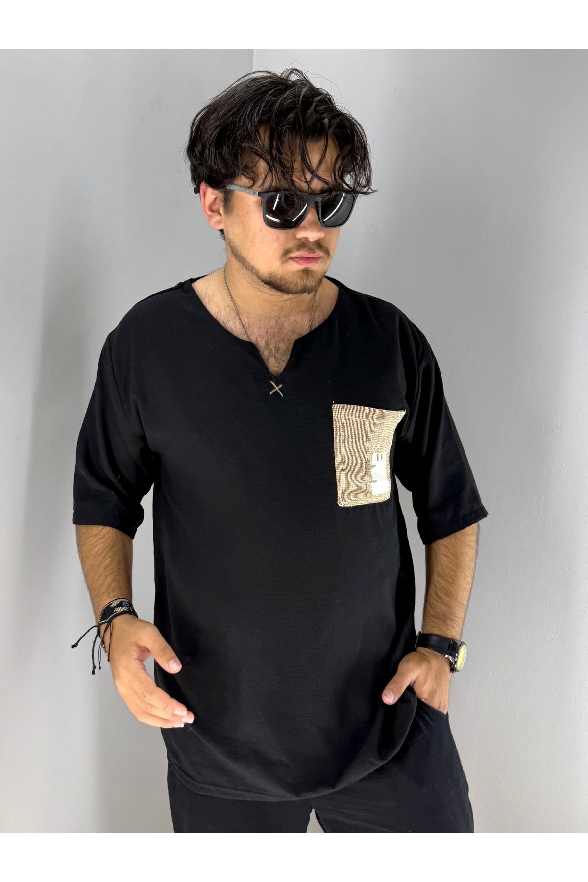 Keten Armut Yaka ve Cep Etnik Desen T-shirt (Siyah)