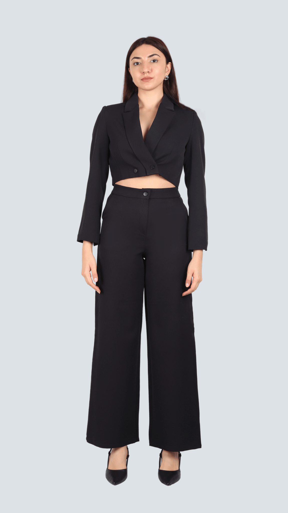 Çıt Çıt Düğmeli Crop Blazer Ceket - Klasik Pantolon Takım Elbise - Siyah