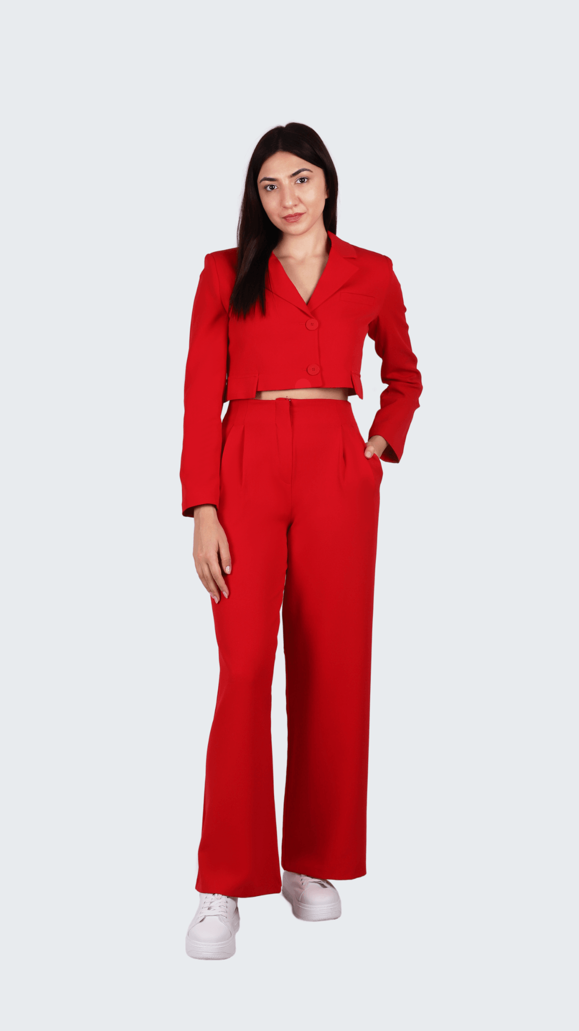 Düğme Detaylı Crop Blazer Ceket Palazzo Pantolon Takım  - scarlet kırmızı