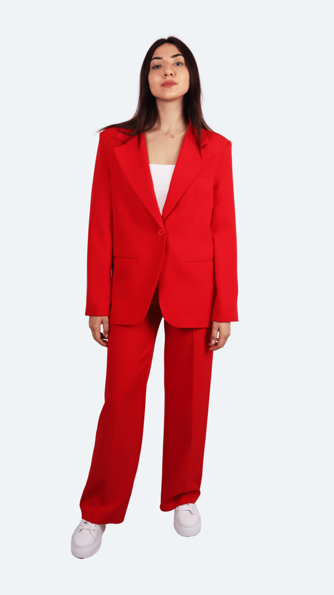 Oversize Tek Düğmeli Blazer -  Palazzo Pantolon Takım Elbise - scarlet kırmızı