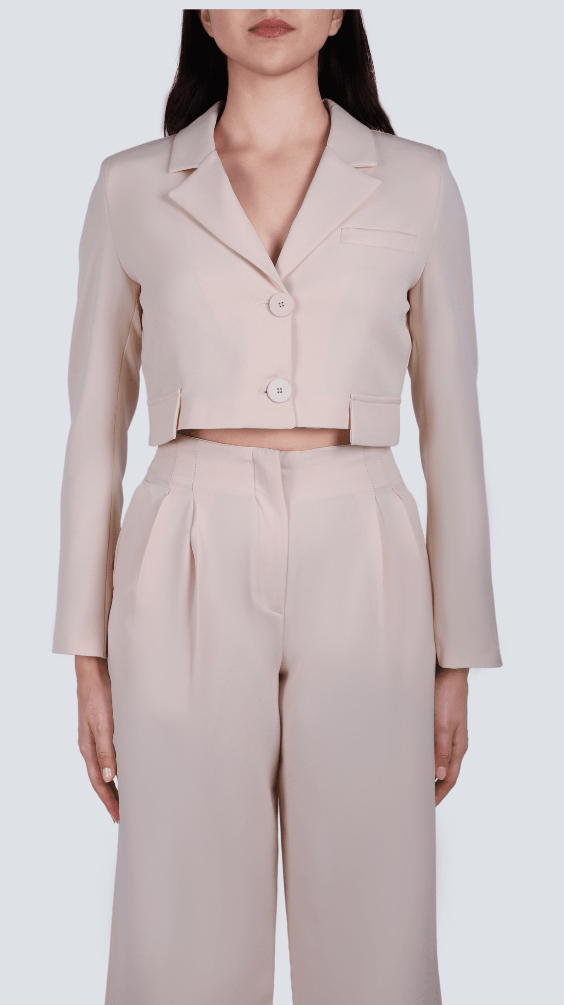 Düğme Detaylı Crop Blazer Ceket Palazzo Pantolon Takım 