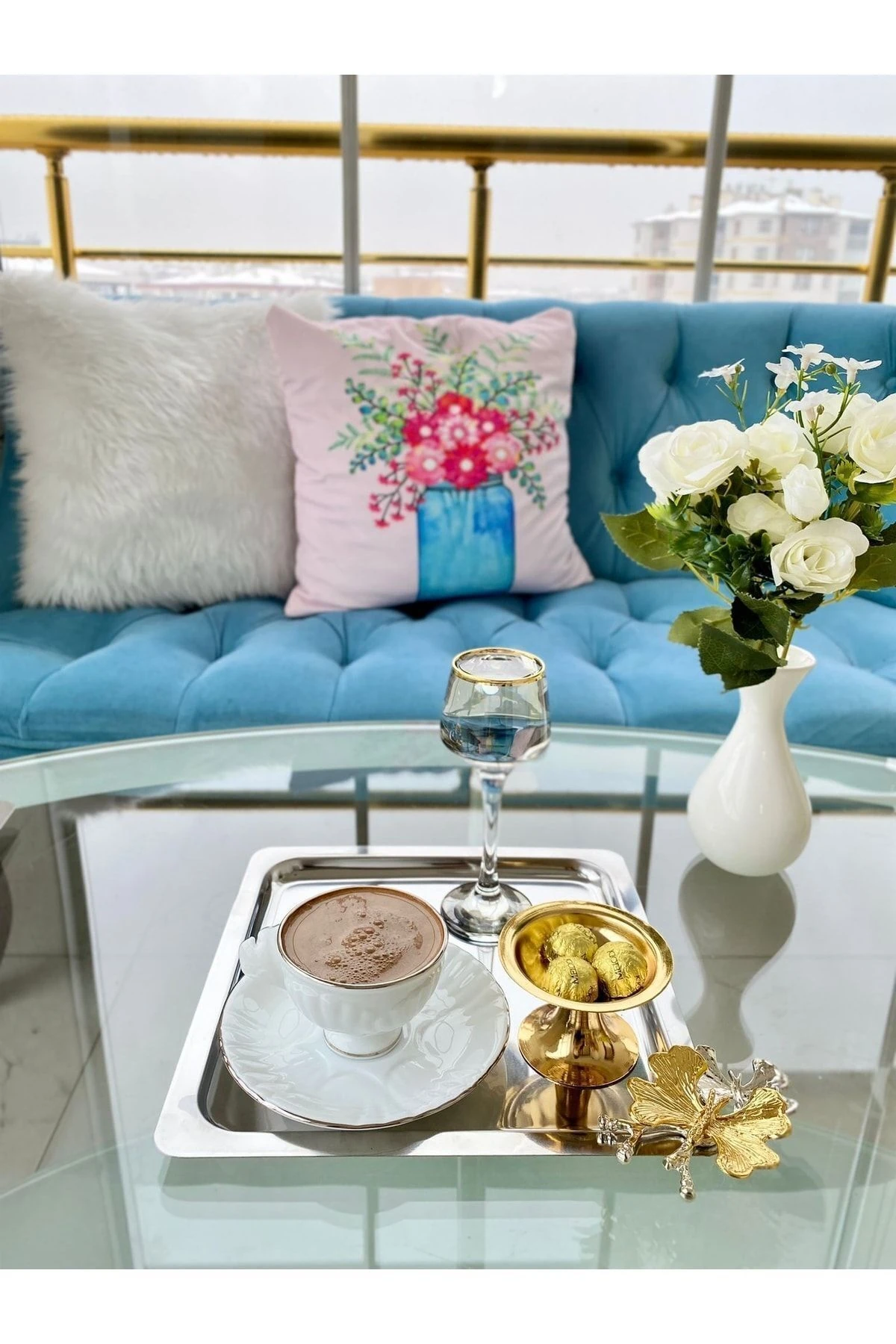 2 Farklı Renkte Kare Lüx Kelebek Aksesuarlı 3 Gold,3 Gümüş Paslanmaz Çelik Kahve,çay, Sunum Tepsisi