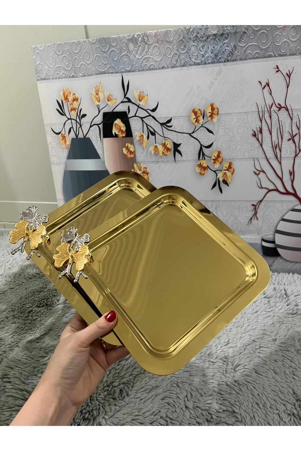 2'Li Kare Tek Taraflı Gold Kelebekli Titanyum Kaplama Sunum Tepsisi