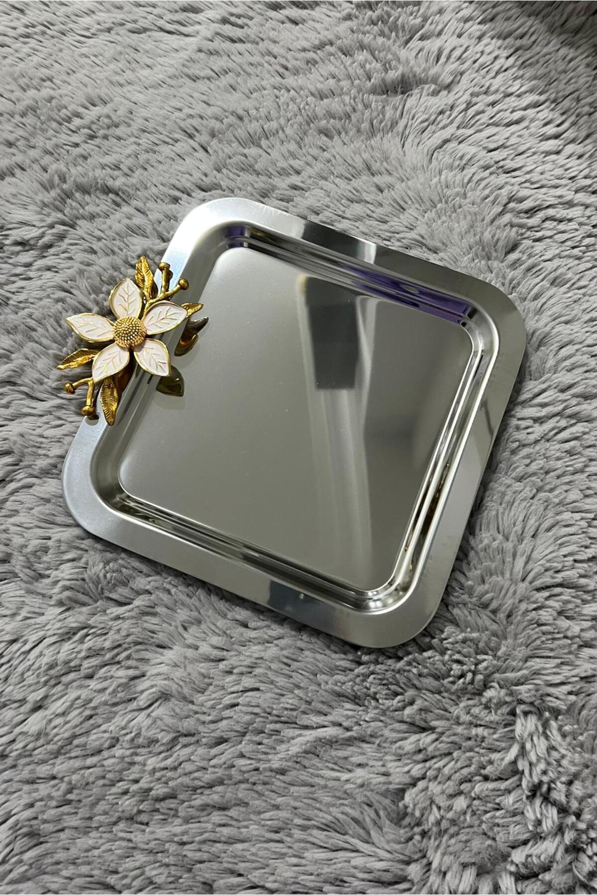 Paslanmaz Çelik Papatya Aksesuarlı Kahve Sunum & Servis & İkramlık Tepsisi