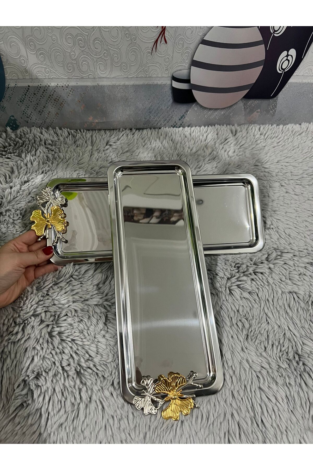 2'Li Lüx Paslanmaz Çelik Kelebekli Gold Kaplama Baton Servis ,Çay ,Kahve ,İkramlık Ve Sunum Tepsisi