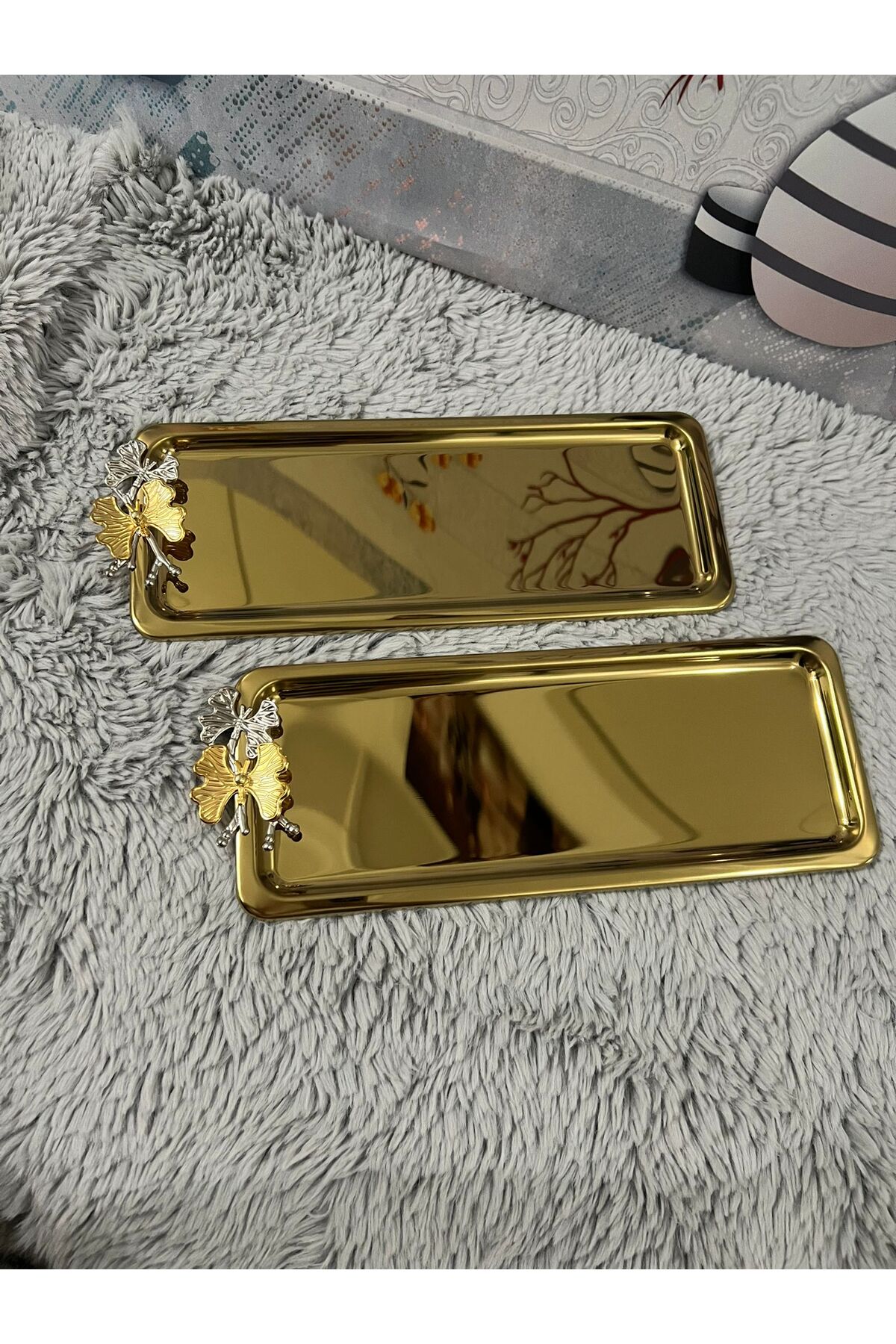 2'Li Lüx Paslanmaz Çelik Kelebekli Gold Kaplama Baton Servis ,Çay ,Kahve ,İkramlık Ve Sunum Tepsisi