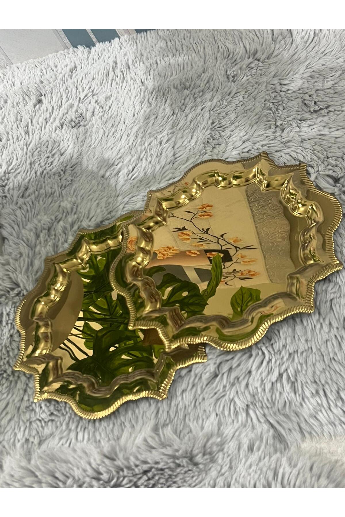 2'Li Köşeleri Dalgalı Gold Paslanmaz Çelik Kahve Sunum Tepsisi