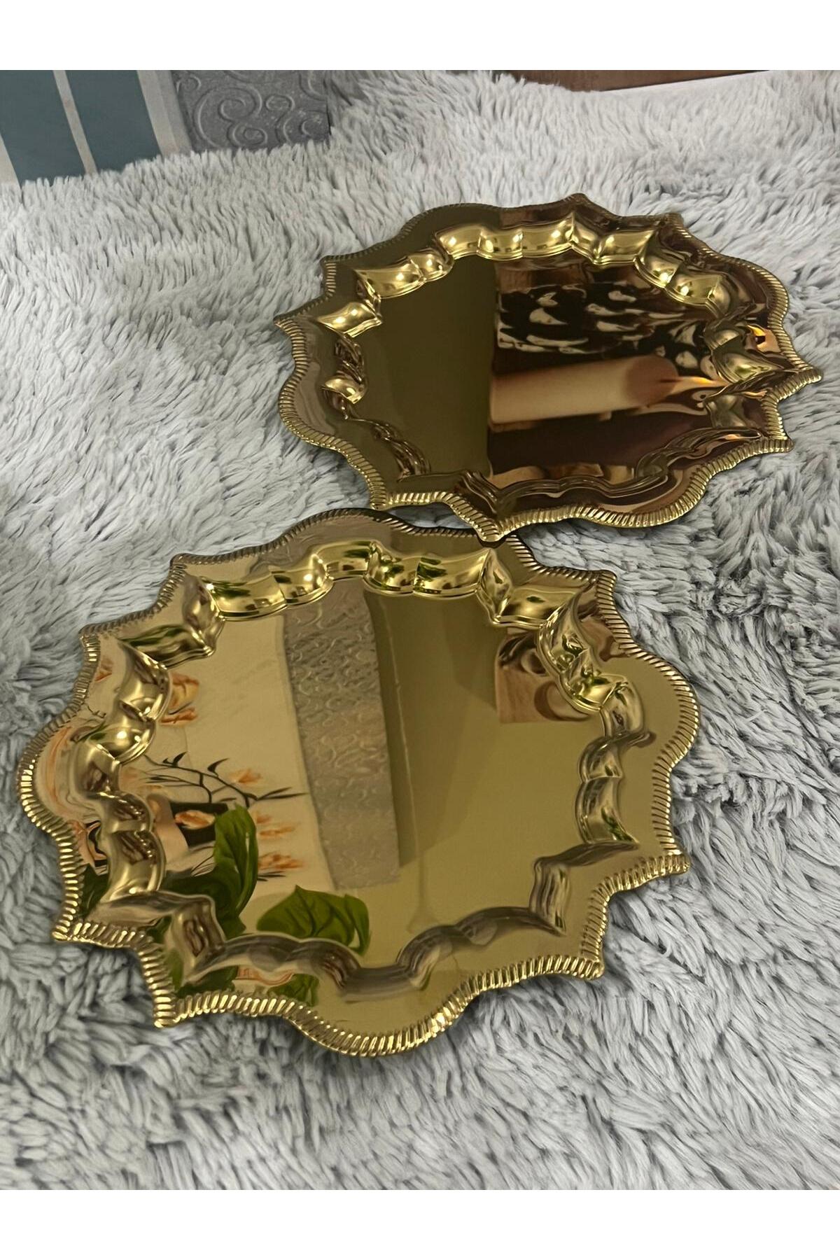 2'Li Köşeleri Dalgalı Gold Paslanmaz Çelik Kahve Sunum Tepsisi