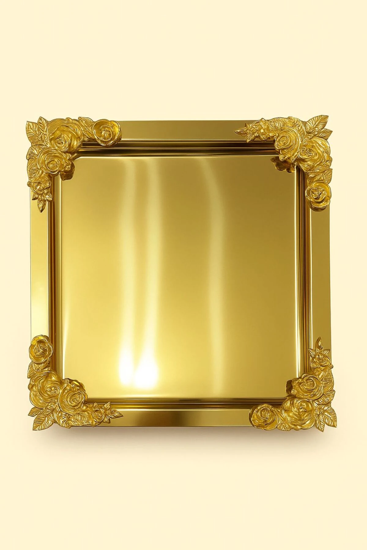 Kare Köşe Çiçekli Tek Taraflı Gold Kaplama Sunum Tepsisi