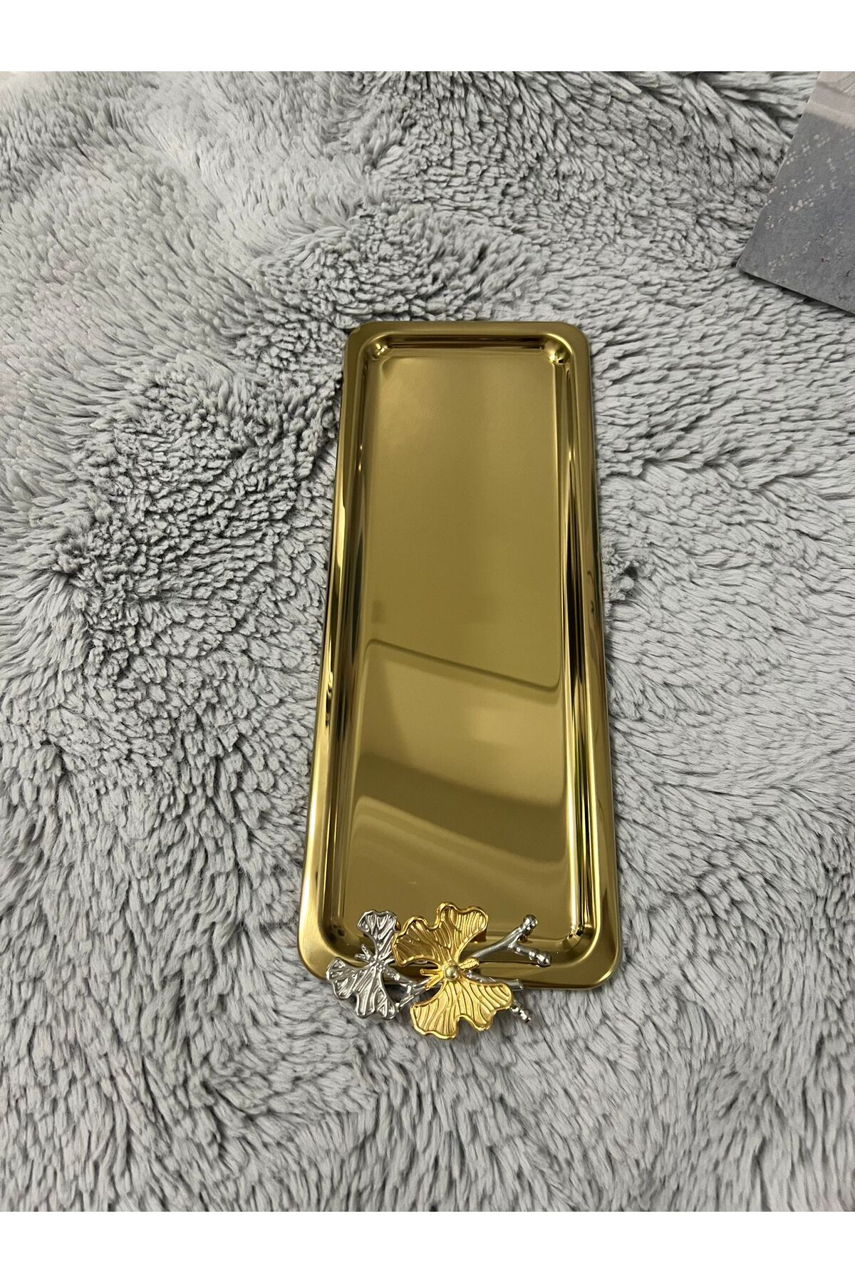 Paslanmaz Çelik Kelebekli Gold Kaplama Baton Servis ,Çay ,Kahve ,İkramlık Ve Sunum Tepsisi