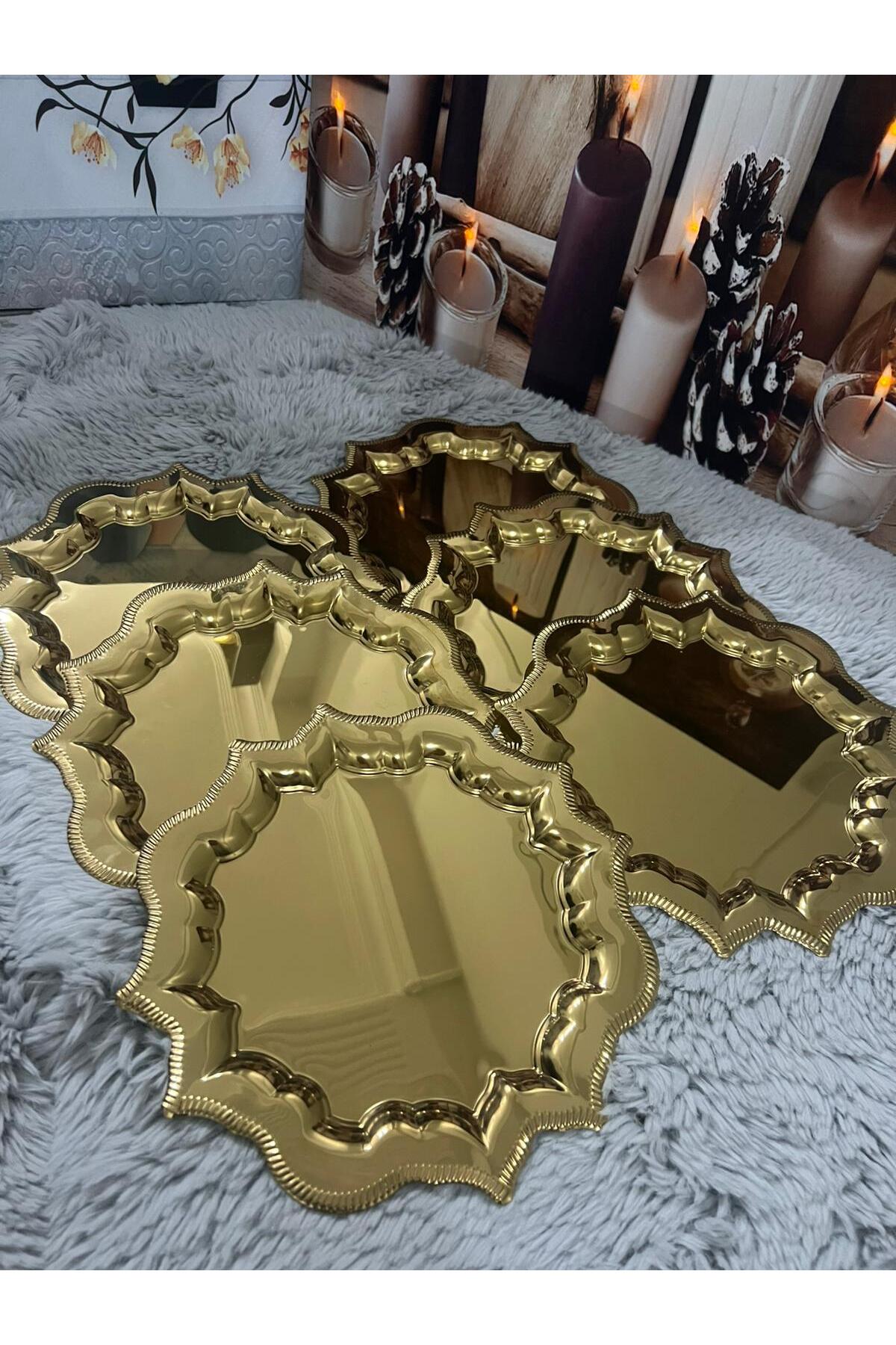 6'Lı Köşeleri Dalgalı Gold Paslanmaz Çelik Kahve Sunum Tepsisi