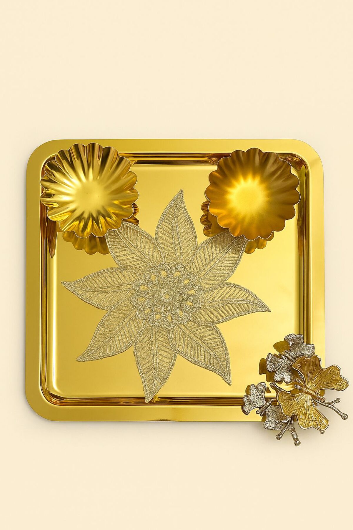 2'Li Kare Tek Taraflı Gold Kelebekli Titanyum Kaplama Sunum Tepsisi