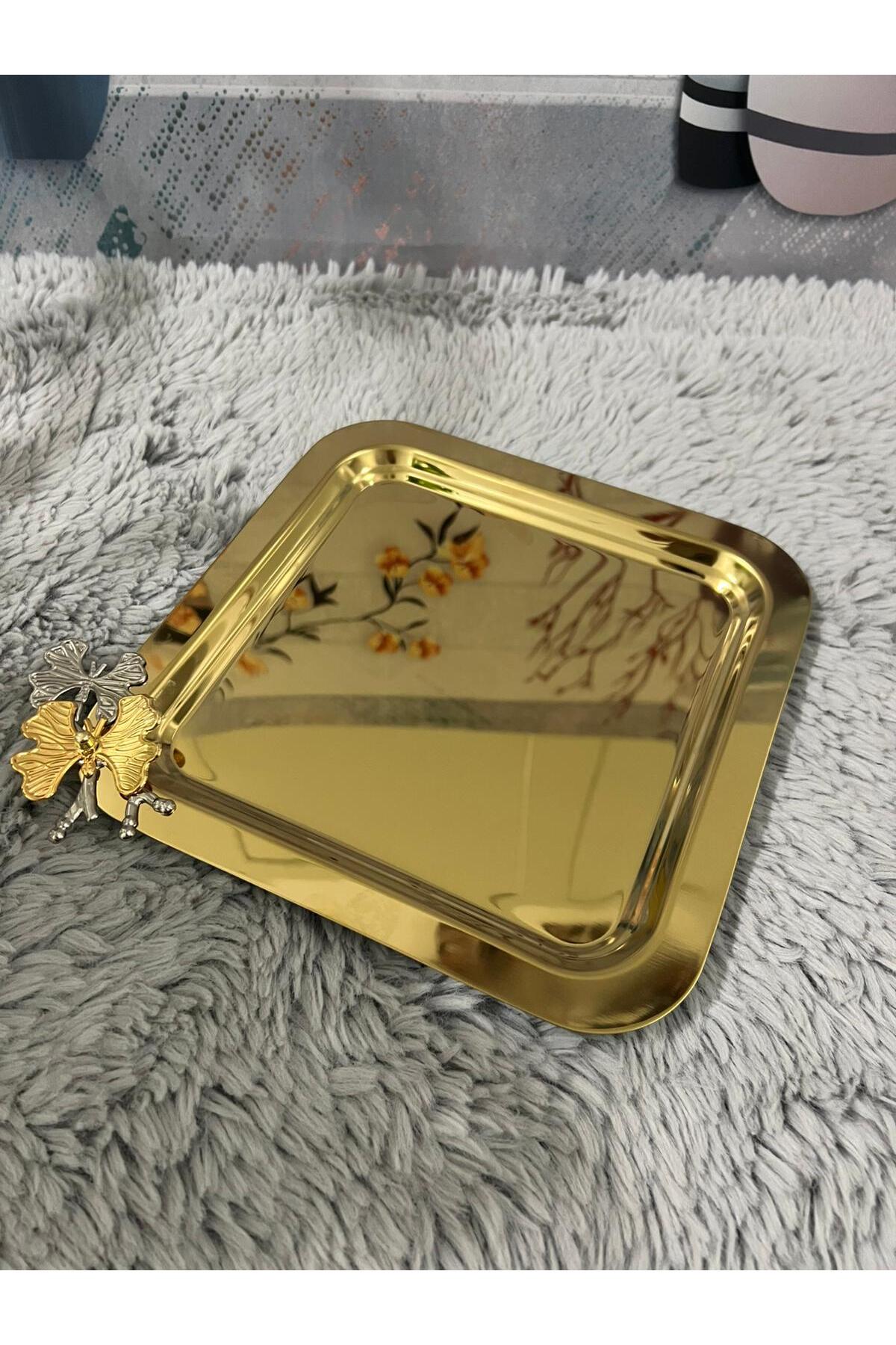 Kare Tek Taraflı Gold Kelebekli Titanyum Kaplama Sunum Tepsisi