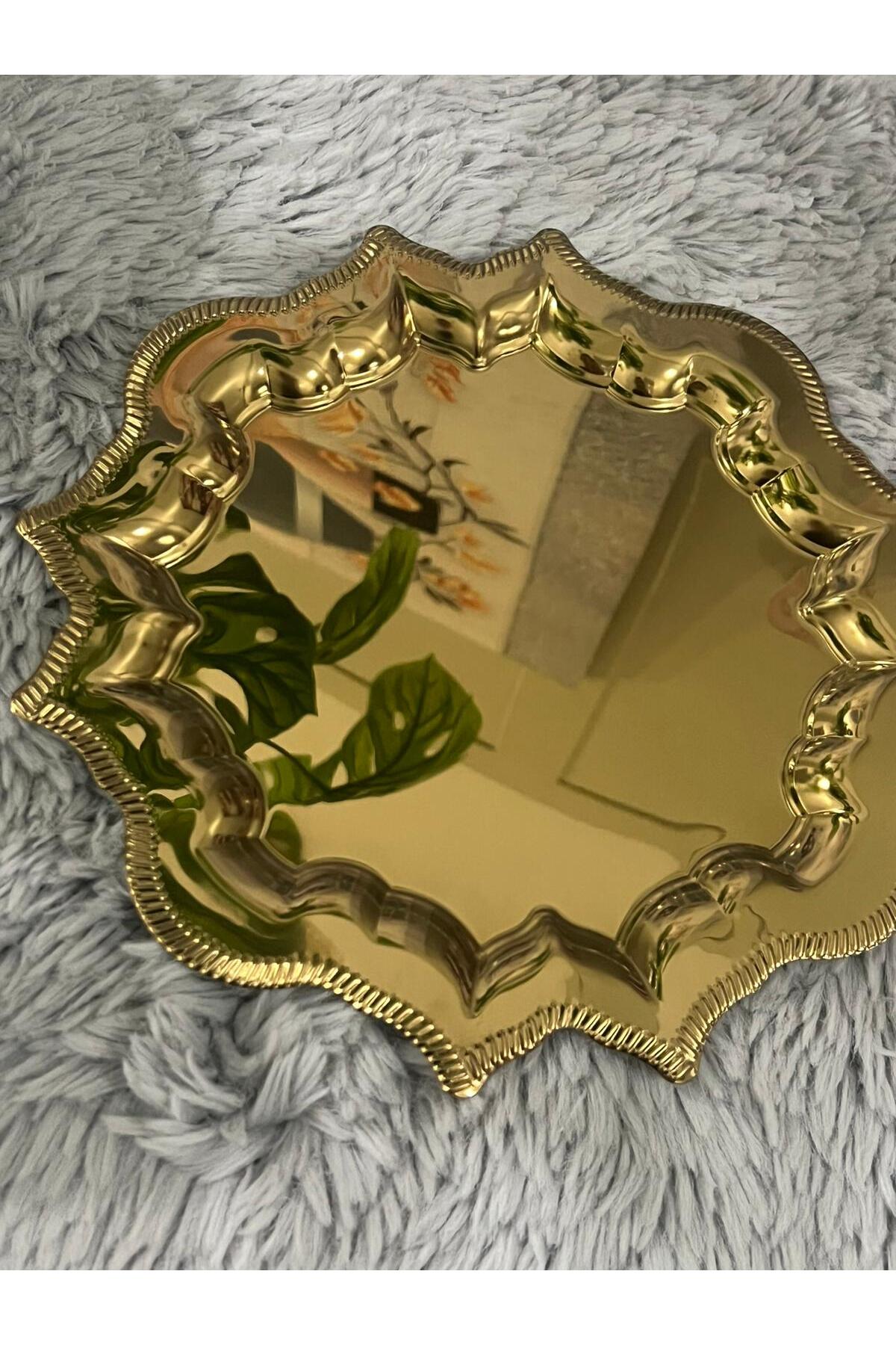 Köşeleri Dalgalı Gold Paslanmaz Çelik Kahve Sunum Tepsisi