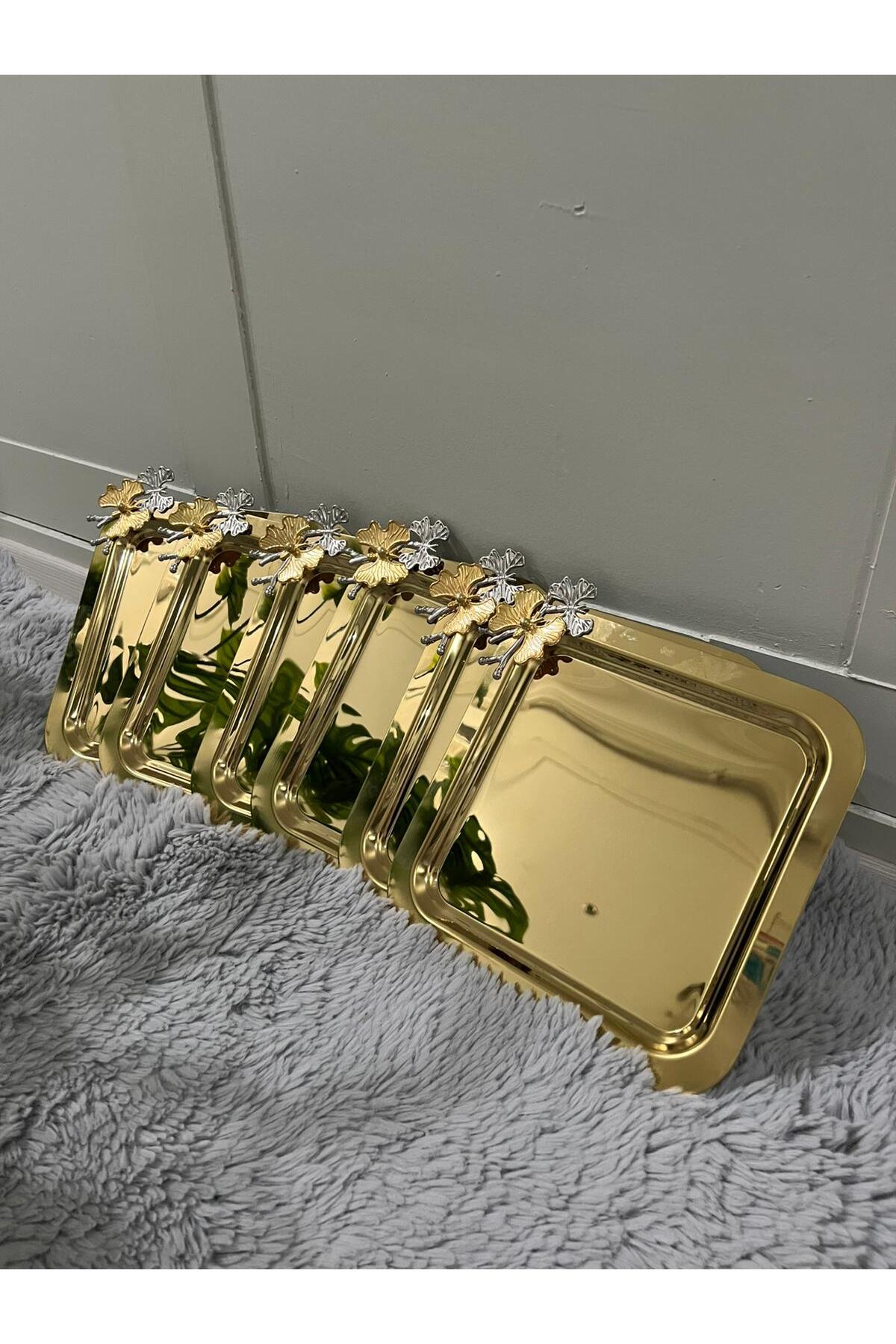 6'Lı Kare Tek Taraflı Gold Kelebekli Titanyum Kaplama Sunum Tepsisi