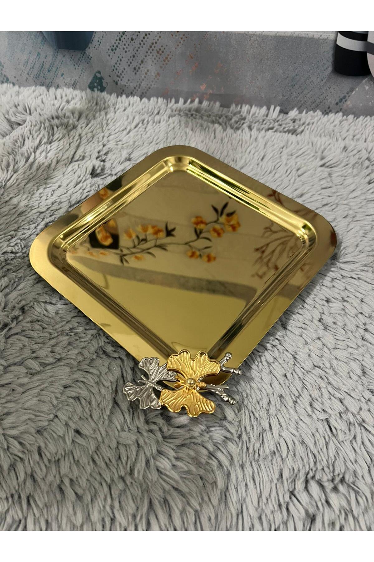 2'Li Kare Tek Taraflı Gold Kelebekli Titanyum Kaplama Sunum Tepsisi