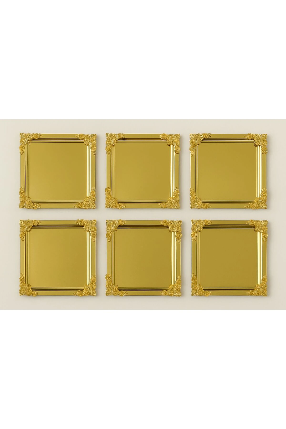 6'Lı Kare Köşe Çiçekli Tek Taraflı Gold Kaplama Sunum Tepsisi