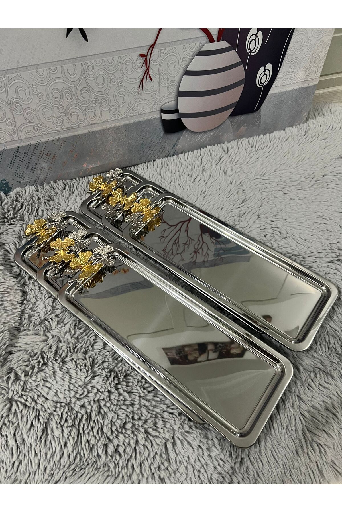 6'Lı Lüx Paslanmaz Çelik Kelebekli Gold Kaplama Baton Servis ,Çay ,Kahve ,İkramlık Ve Sunum Tepsisi