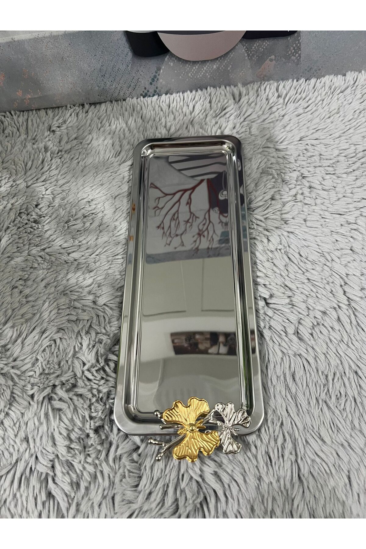 Paslanmaz Çelik Kelebekli Gold Kaplama Baton Servis ,Çay ,Kahve ,İkramlık Ve Sunum Tepsisi