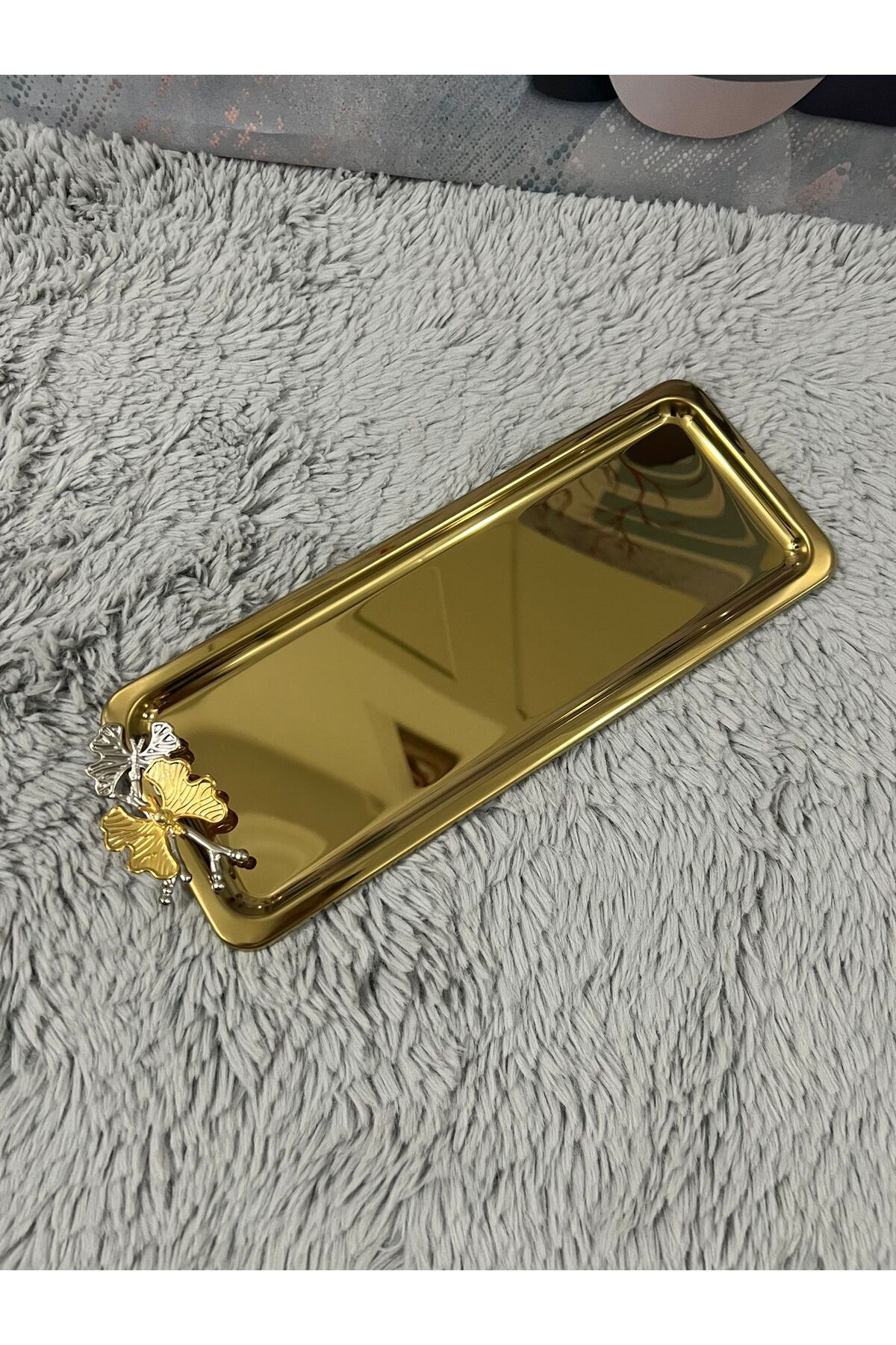 Paslanmaz Çelik Kelebekli Gold Kaplama Baton Servis ,Çay ,Kahve ,İkramlık Ve Sunum Tepsisi