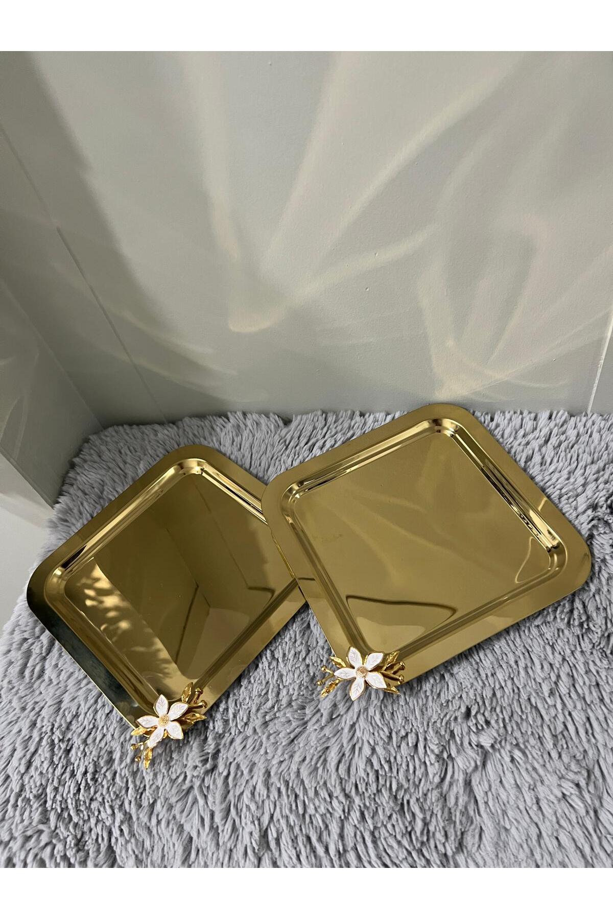 2'Li Paslanmaz Çelik Mini Papatya Aksesuarlı Kahve Sunum & Servis & İkramlık Tepsisi