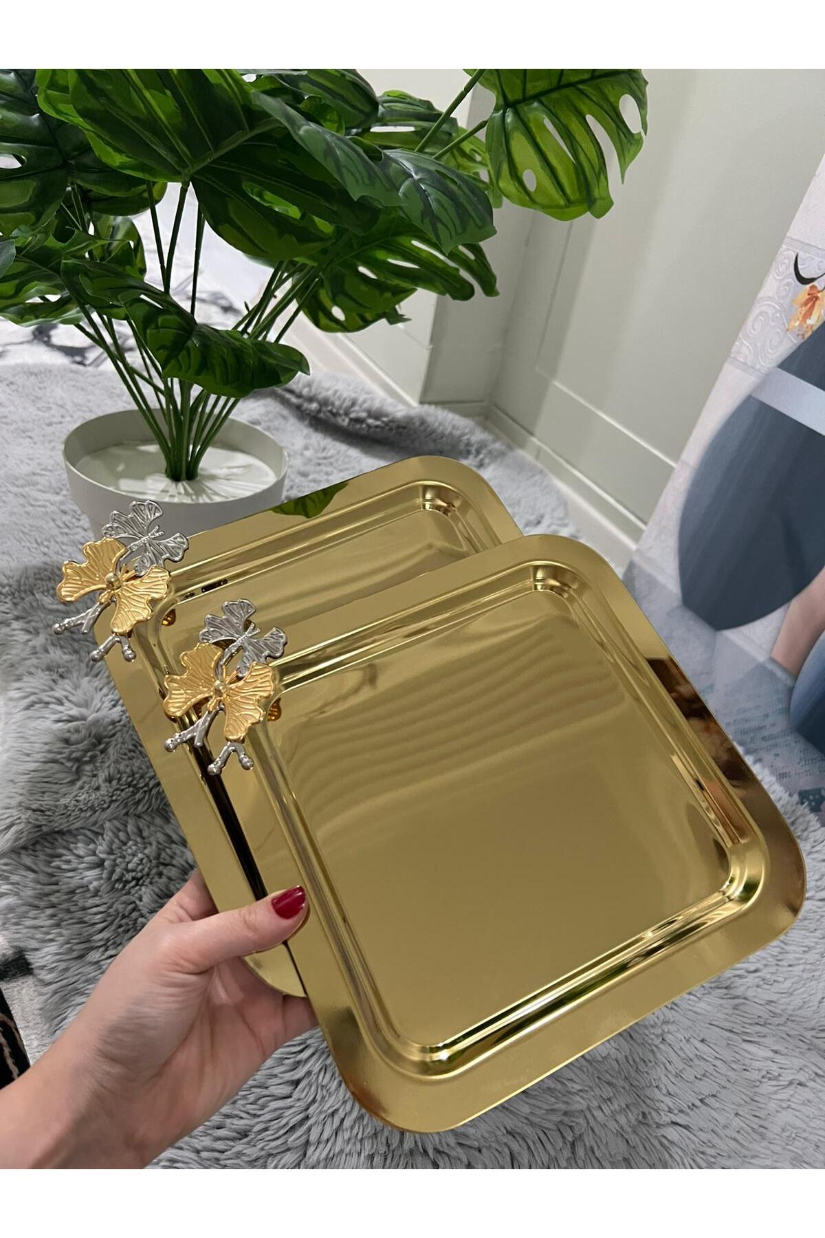 2'Li Kare Tek Taraflı Gold Kelebekli Titanyum Kaplama Sunum Tepsisi