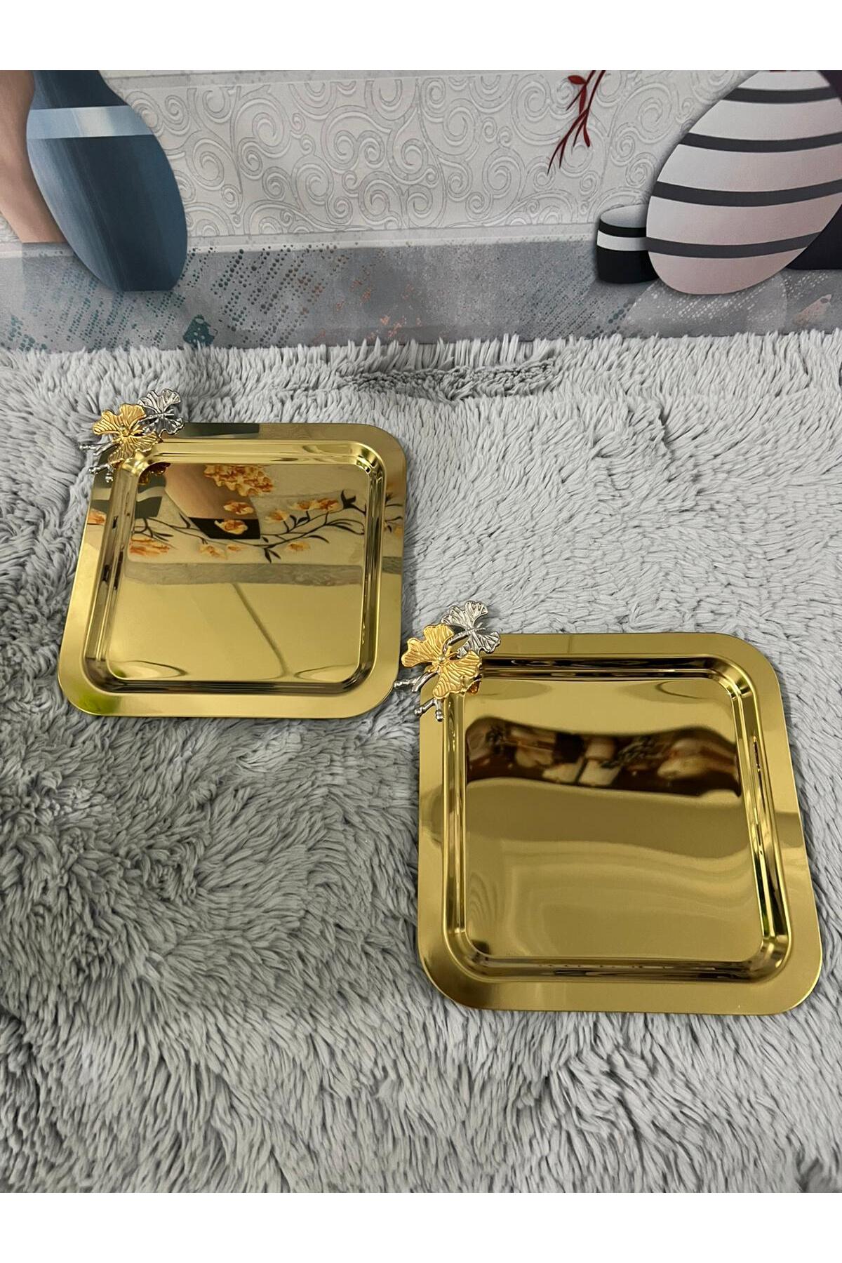 2'Li Kare Tek Taraflı Gold Kelebekli Titanyum Kaplama Sunum Tepsisi