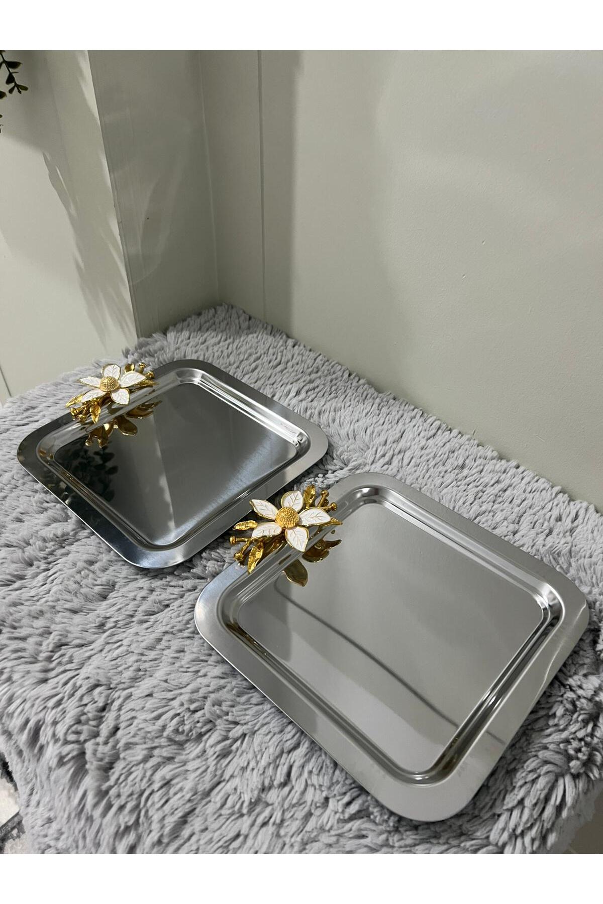 2'Li Paslanmaz Çelik Papatya Aksesuarlı Kahve Sunum & Servis & İkramlık Tepsisi