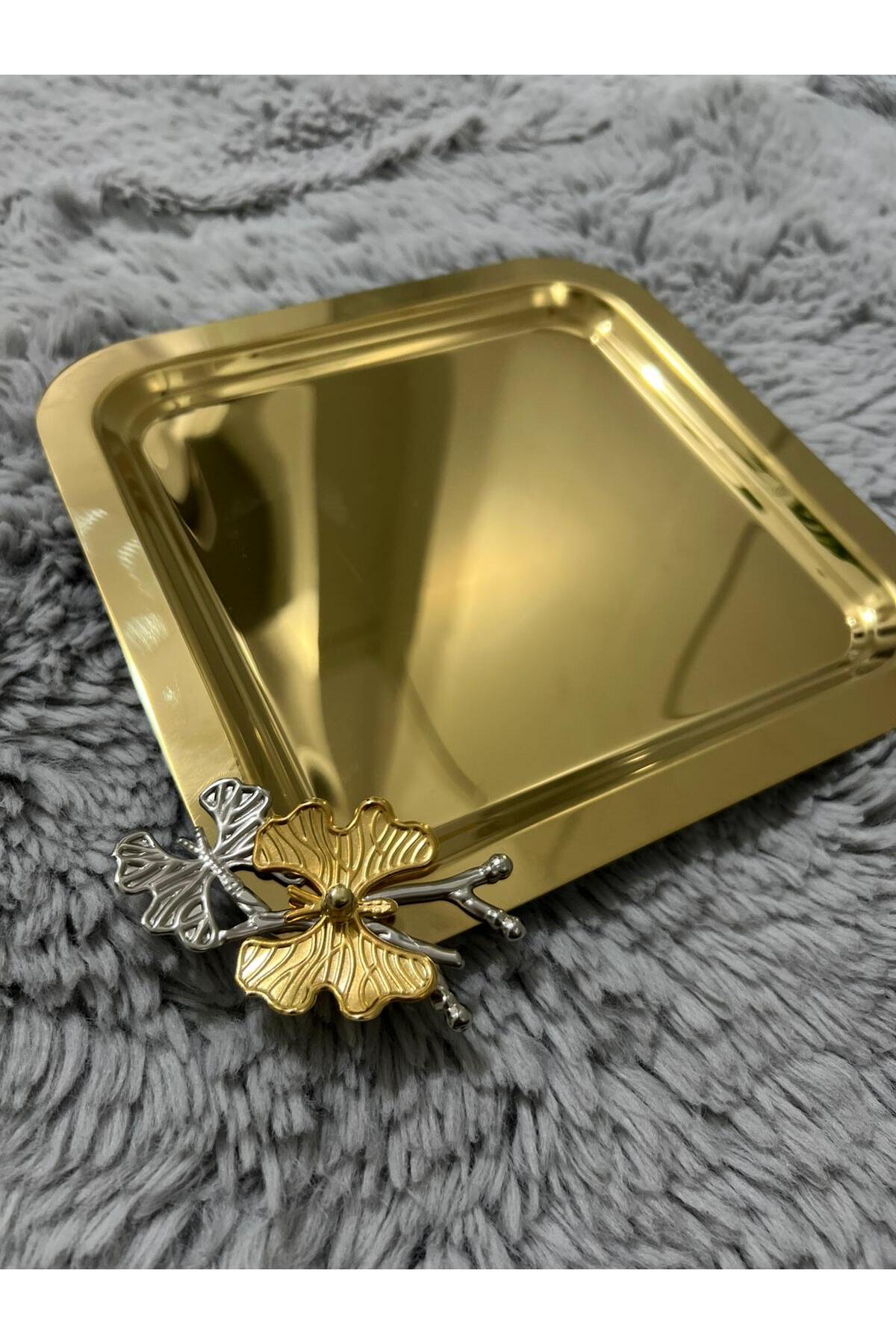 Kare Tek Taraflı Gold Kelebekli Titanyum Kaplama Sunum Tepsisi