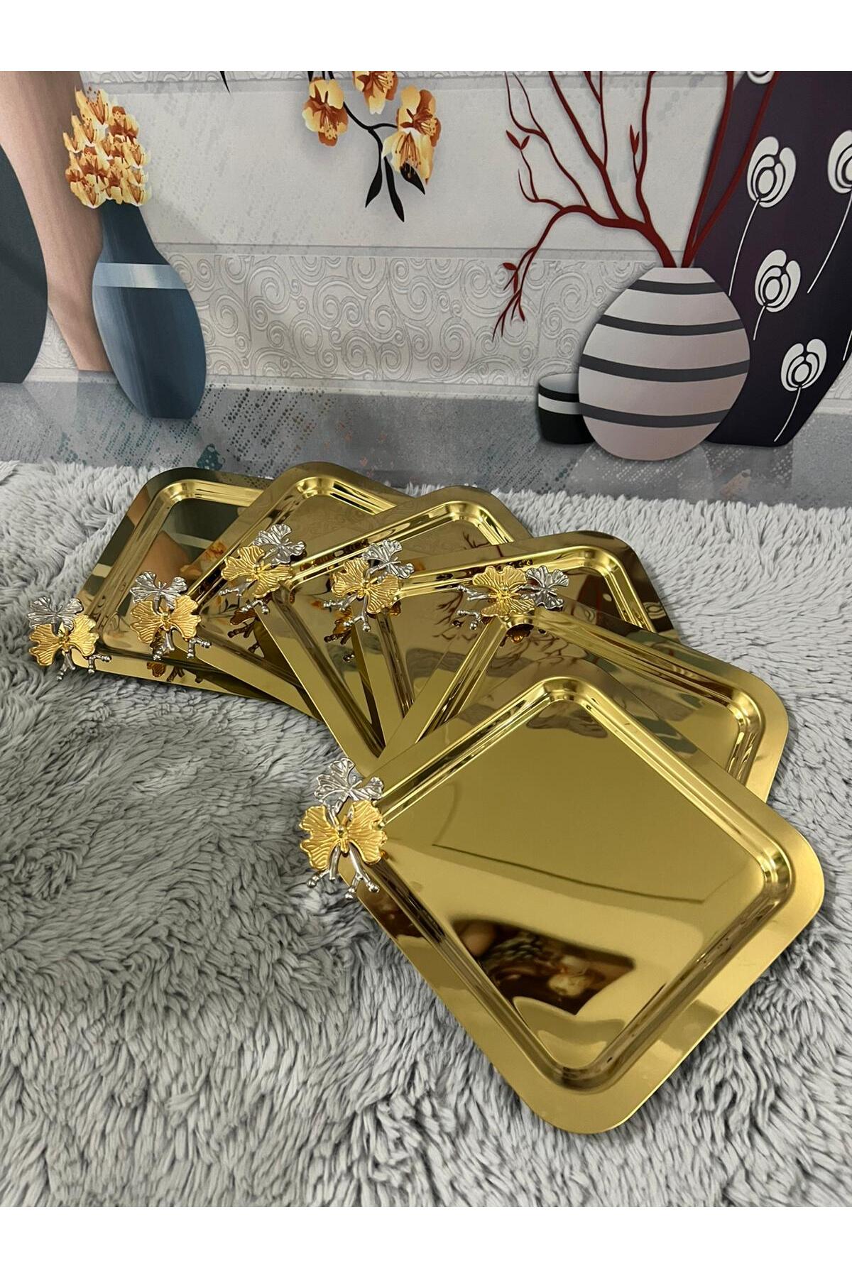6'Lı Kare Tek Taraflı Gold Kelebekli Titanyum Kaplama Sunum Tepsisi