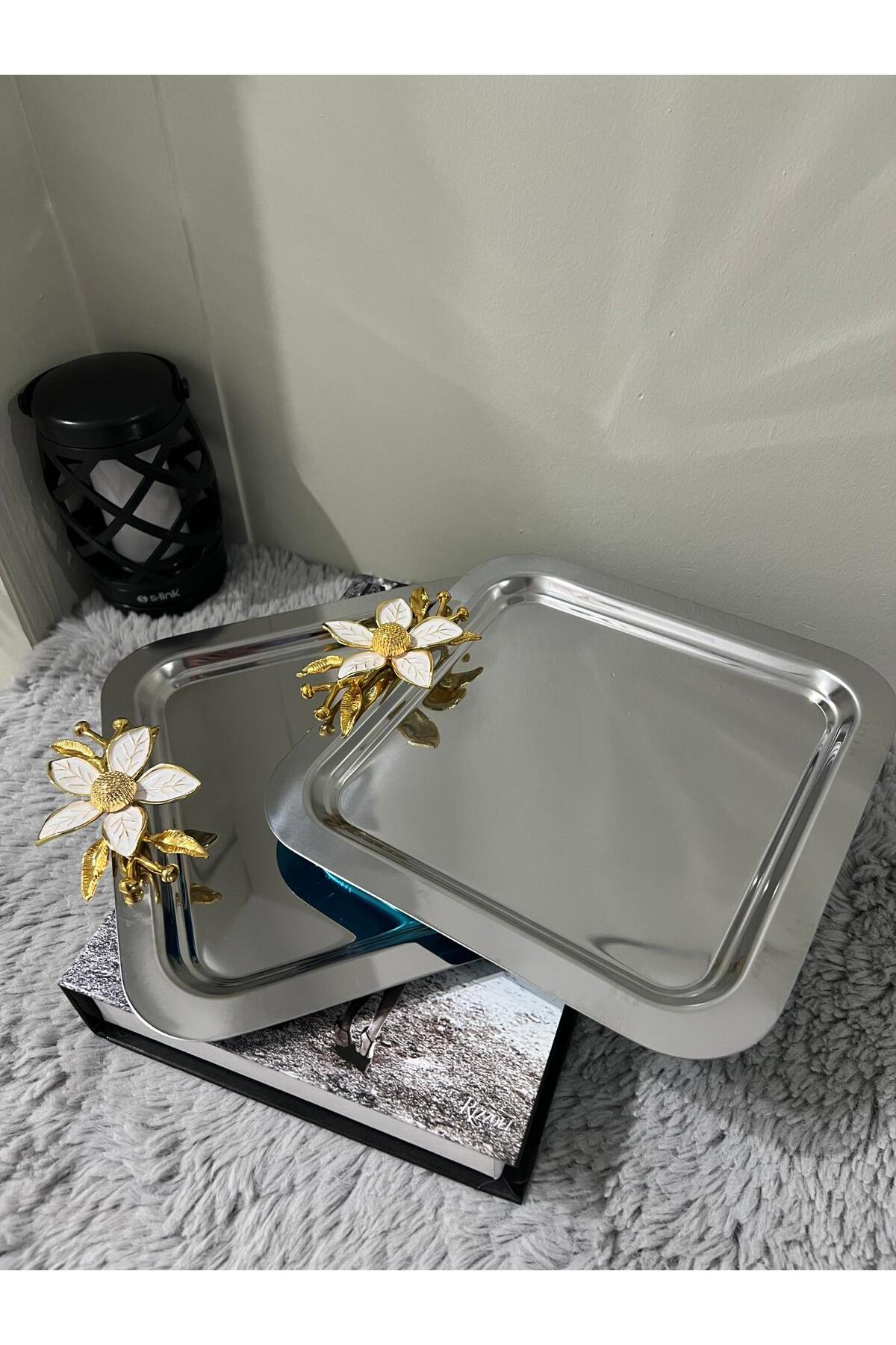 2'Li Paslanmaz Çelik Papatya Aksesuarlı Kahve Sunum & Servis & İkramlık Tepsisi