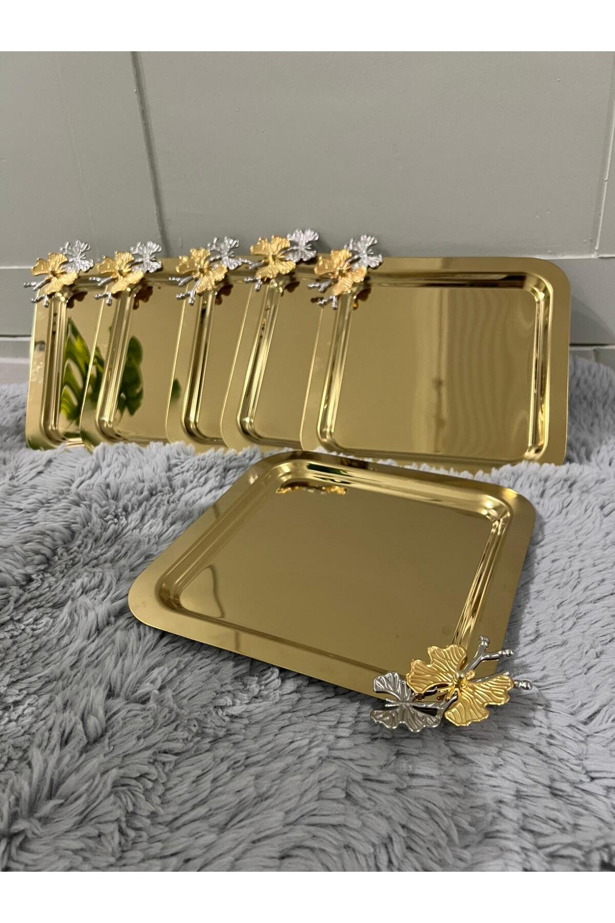 6'Lı Kare Tek Taraflı Gold Kelebekli Titanyum Kaplama Sunum Tepsisi