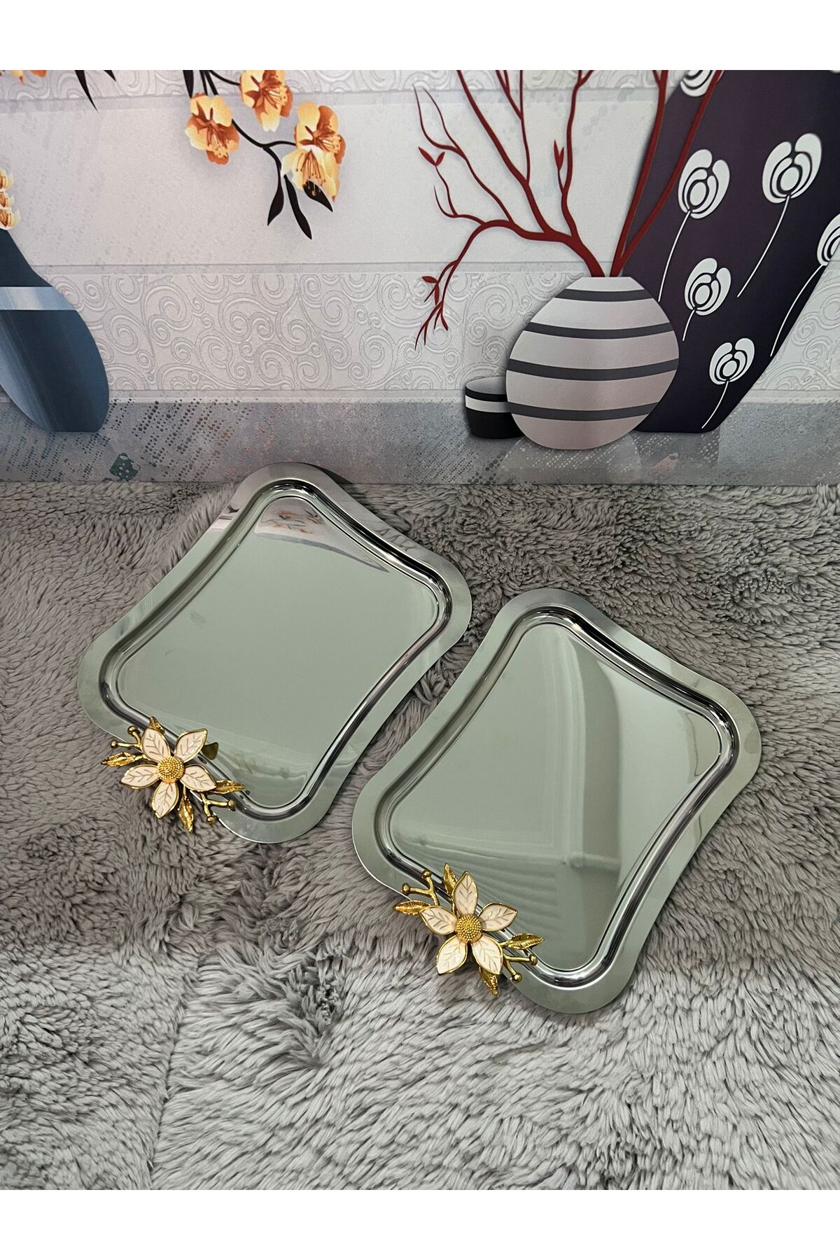 2'Li Paslanmaz Çelik Papatya Aksesuarlı İtalyan Büyük Dalgalı Servis Tepsisi