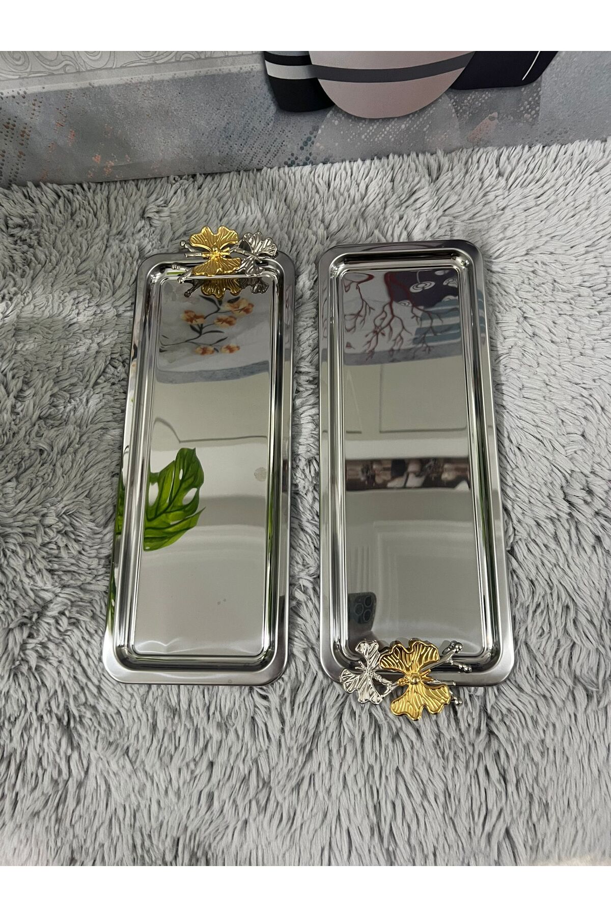 2'Li Lüx Paslanmaz Çelik Kelebekli Gold Kaplama Baton Servis ,Çay ,Kahve ,İkramlık Ve Sunum Tepsisi