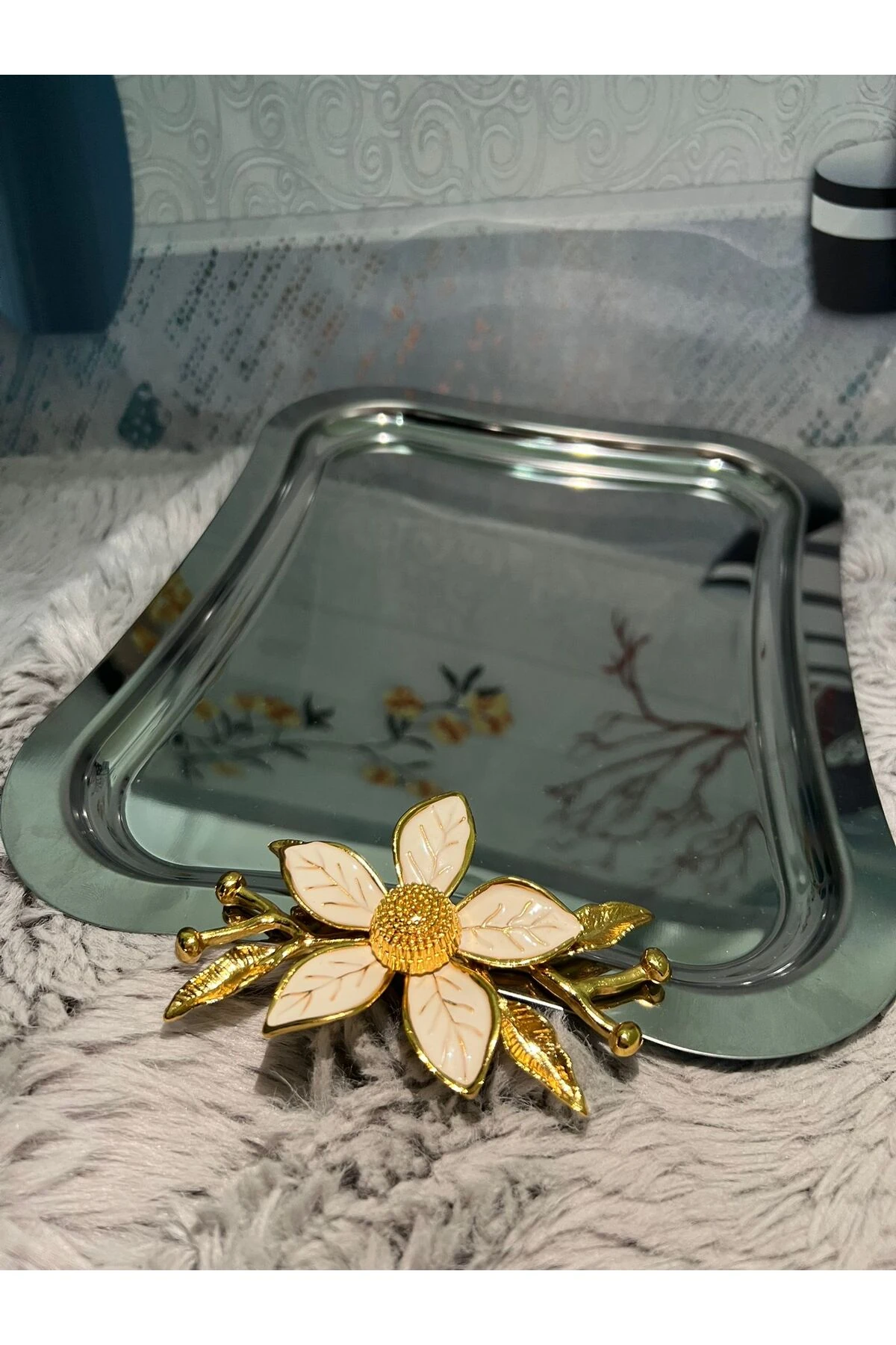 2'Li Paslanmaz Çelik Papatya Aksesuarlı İtalyan Büyük Dalgalı Servis Tepsisi